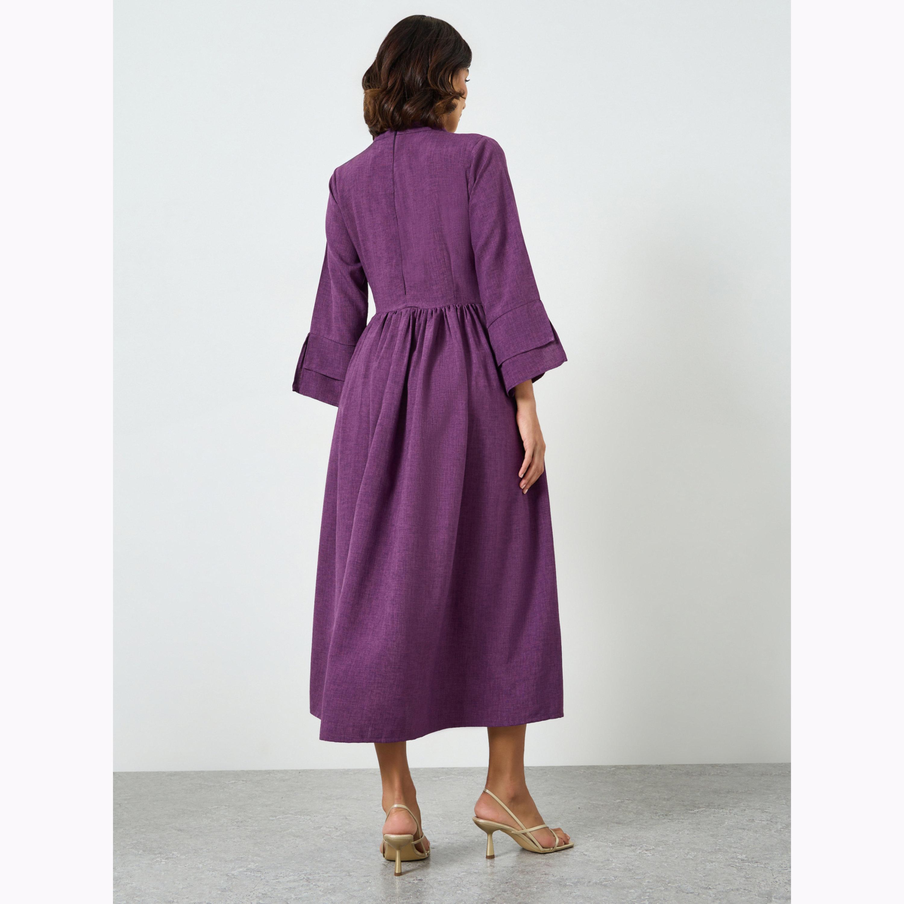 فستان طويل بحافة واسعة وتفاصيل طيات-women-clothing-dresses-image-4