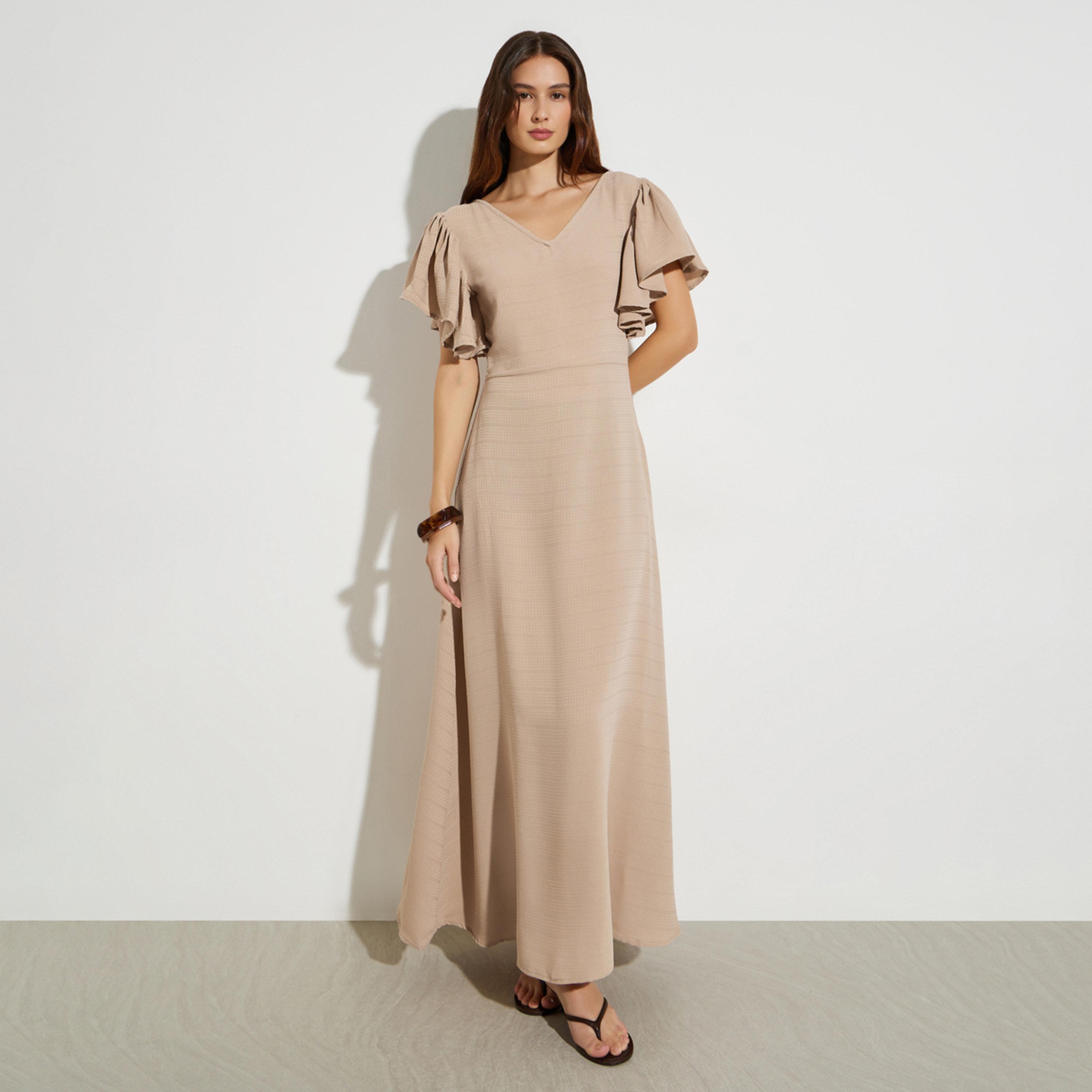 Maxim Creation X Styli Beige Textured Maxi Dress with Frill Sleeves-women-clothing-dresses-image-1