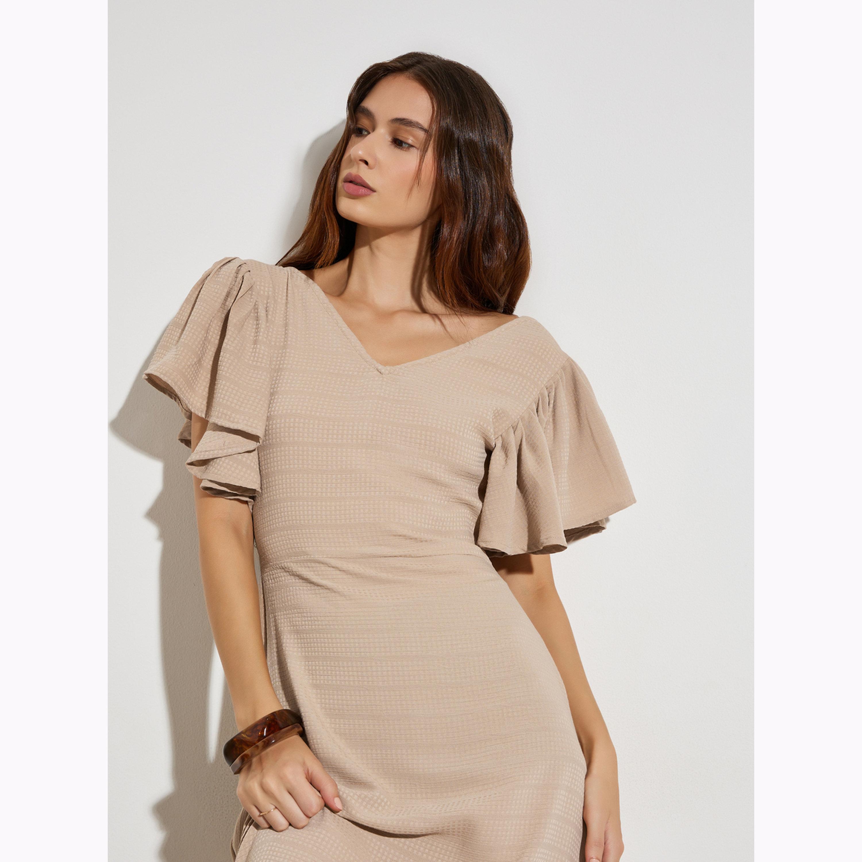 Maxim Creation X Styli Beige Textured Maxi Dress with Frill Sleeves-women-clothing-dresses-image-2