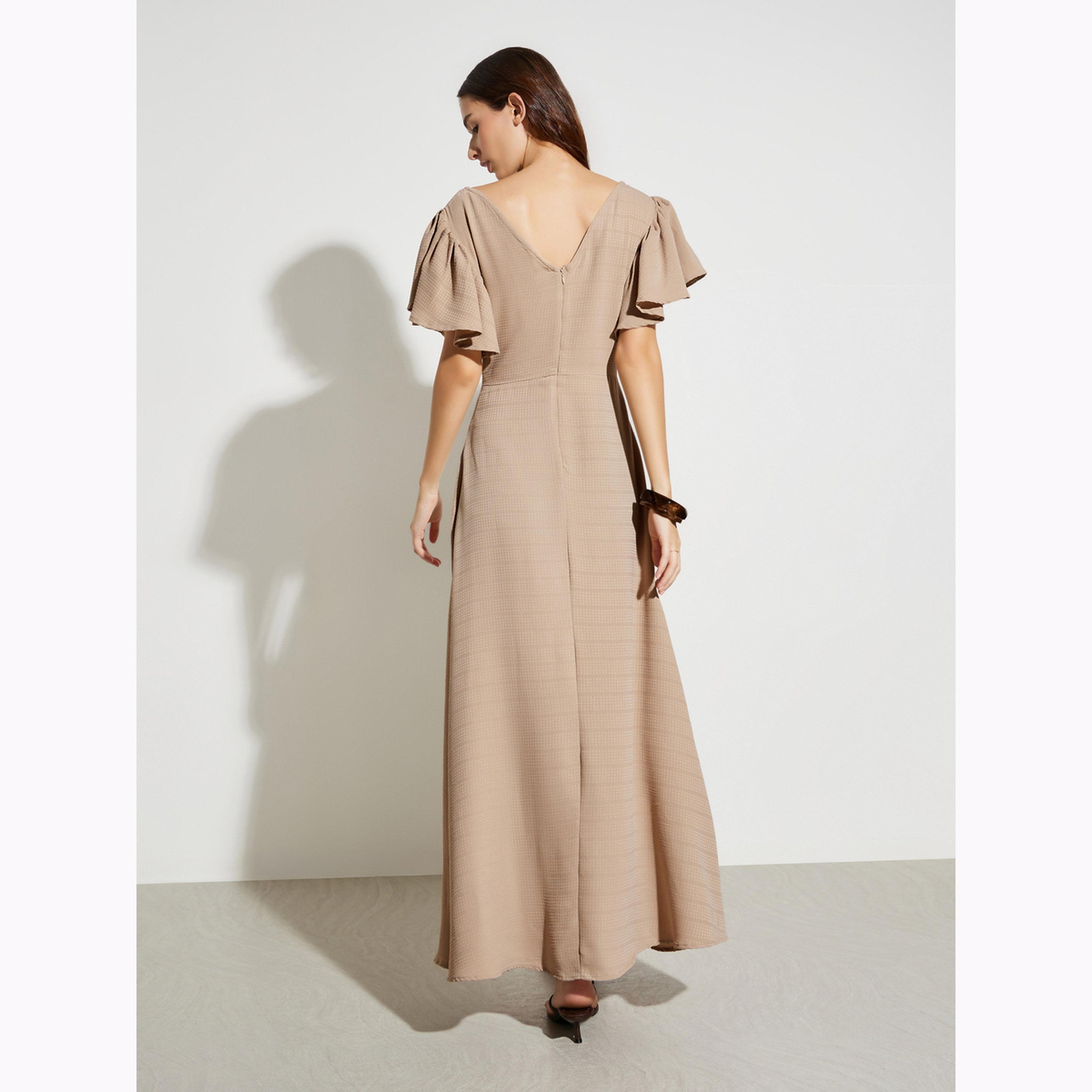 Maxim Creation X Styli Beige Textured Maxi Dress with Frill Sleeves-women-clothing-dresses-image-4