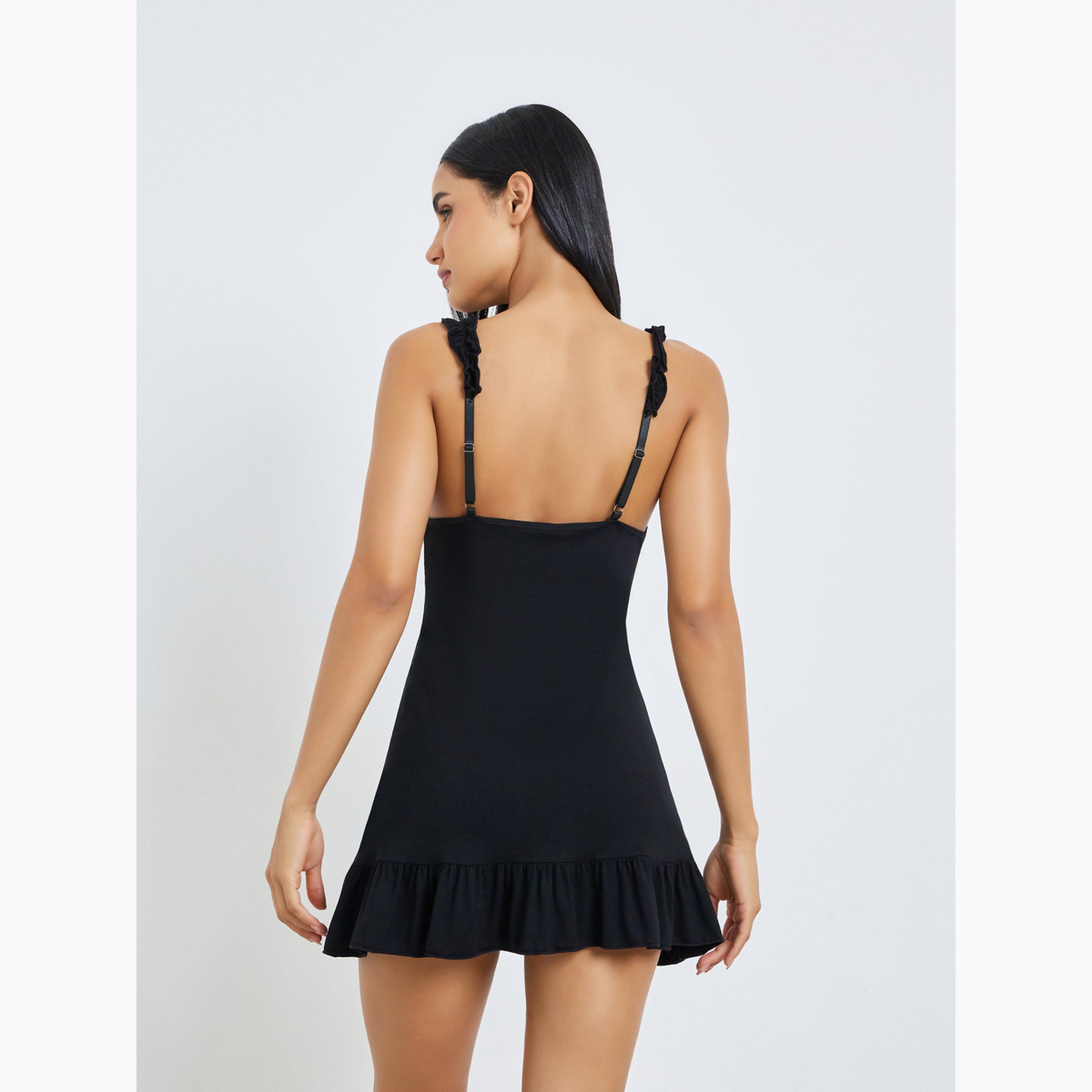 بيبي دول بتفاصيل دانتيل وحمالات مكشكشة بلون أسود-women-clothing-lingerie-babydollsandbodysuits-image-2
