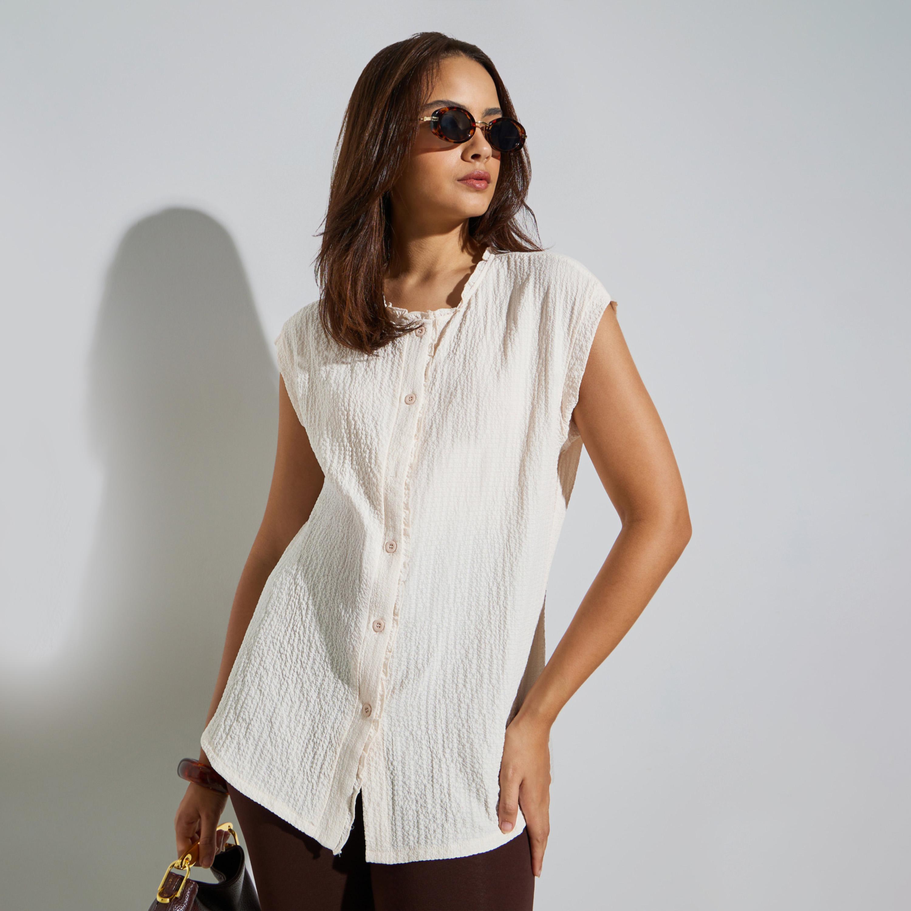 Styli Cream Textured Sleeveless Shirt-women-clothing-shirtsandblouses-shirts-image-1