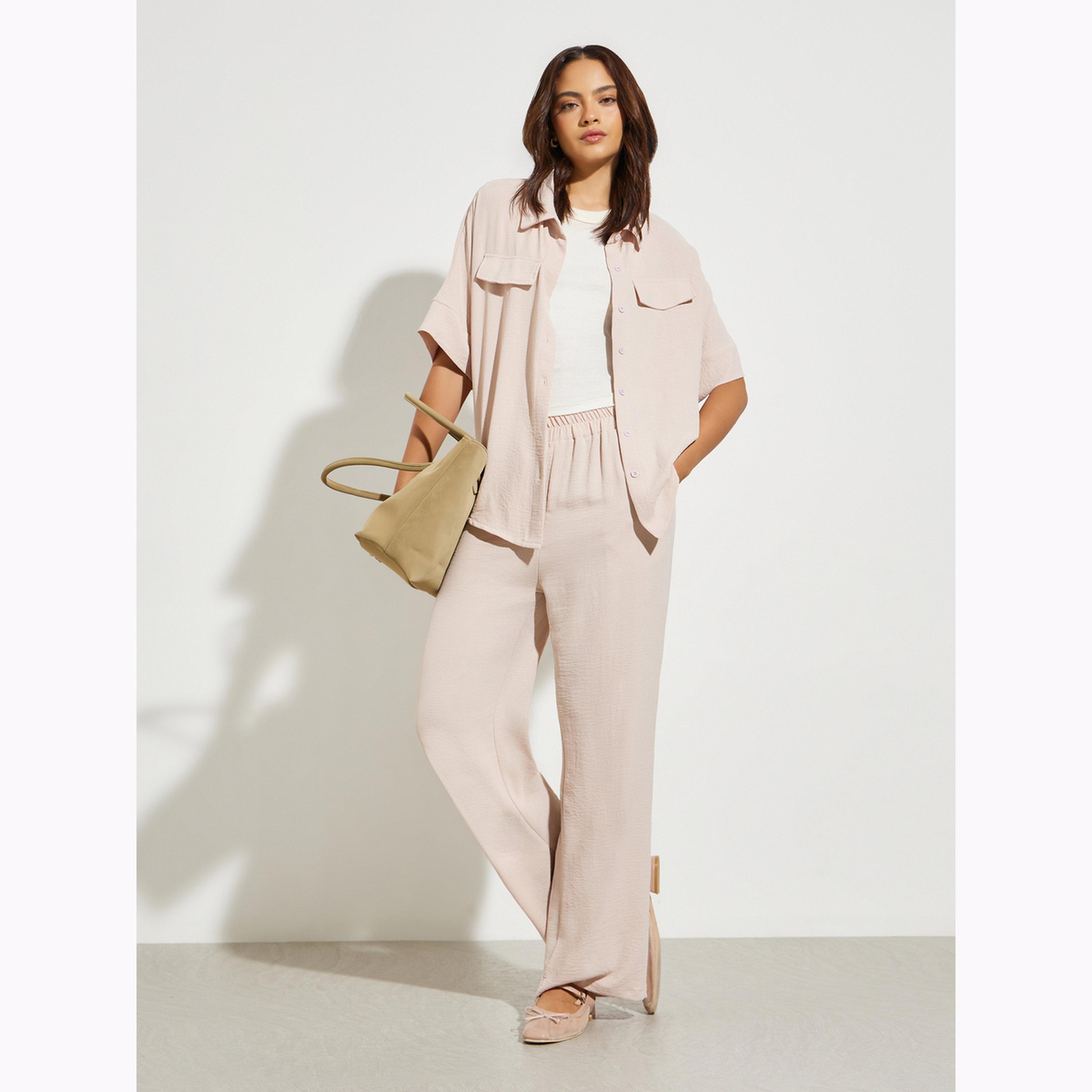 Styli Khaki Relaxed Shirt and Pants Co-Ords-women-clothing-coordsets-image-1