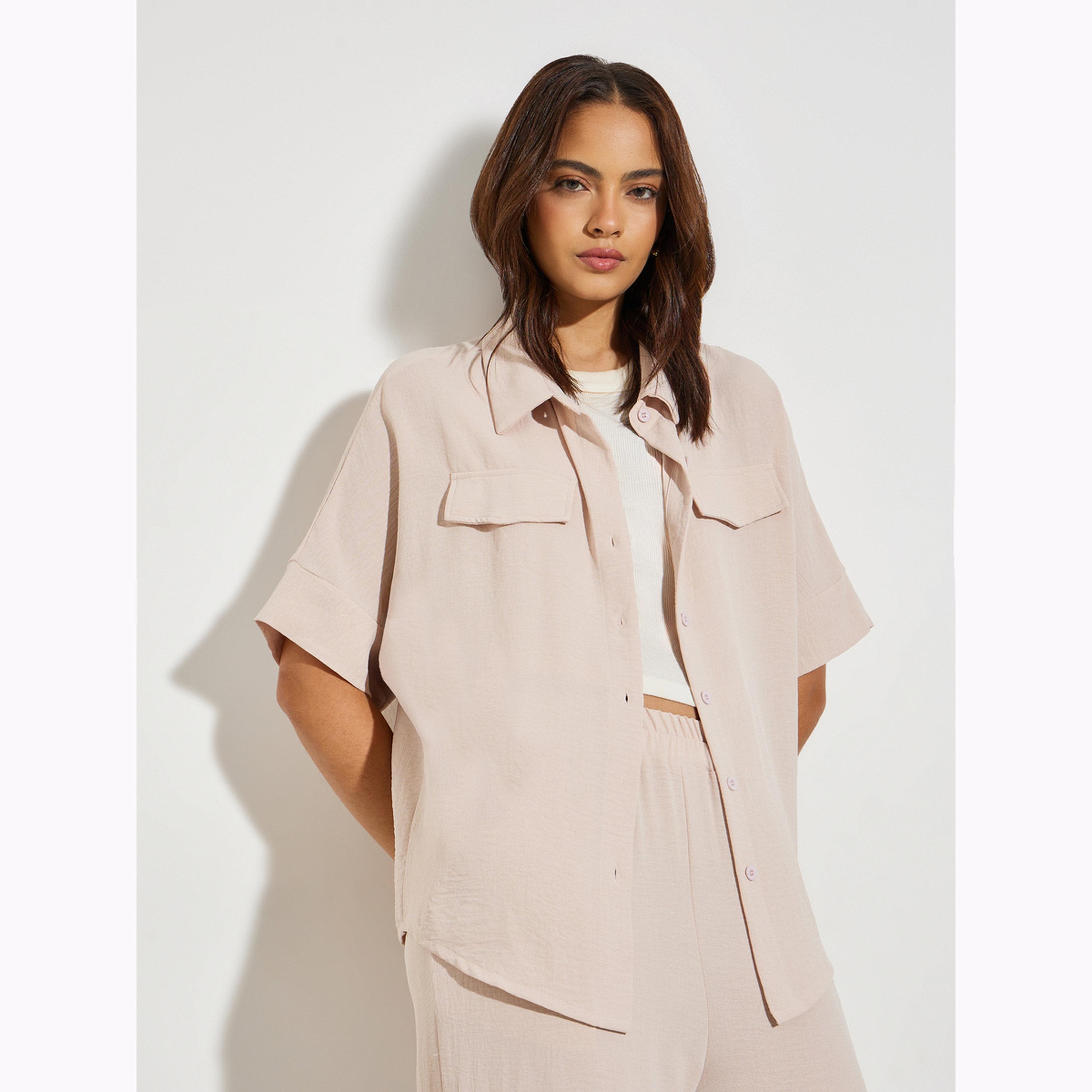 طقم منسق من بنطال وبلوزة مريحة بلون كاكي-women-clothing-coordsets-image-3