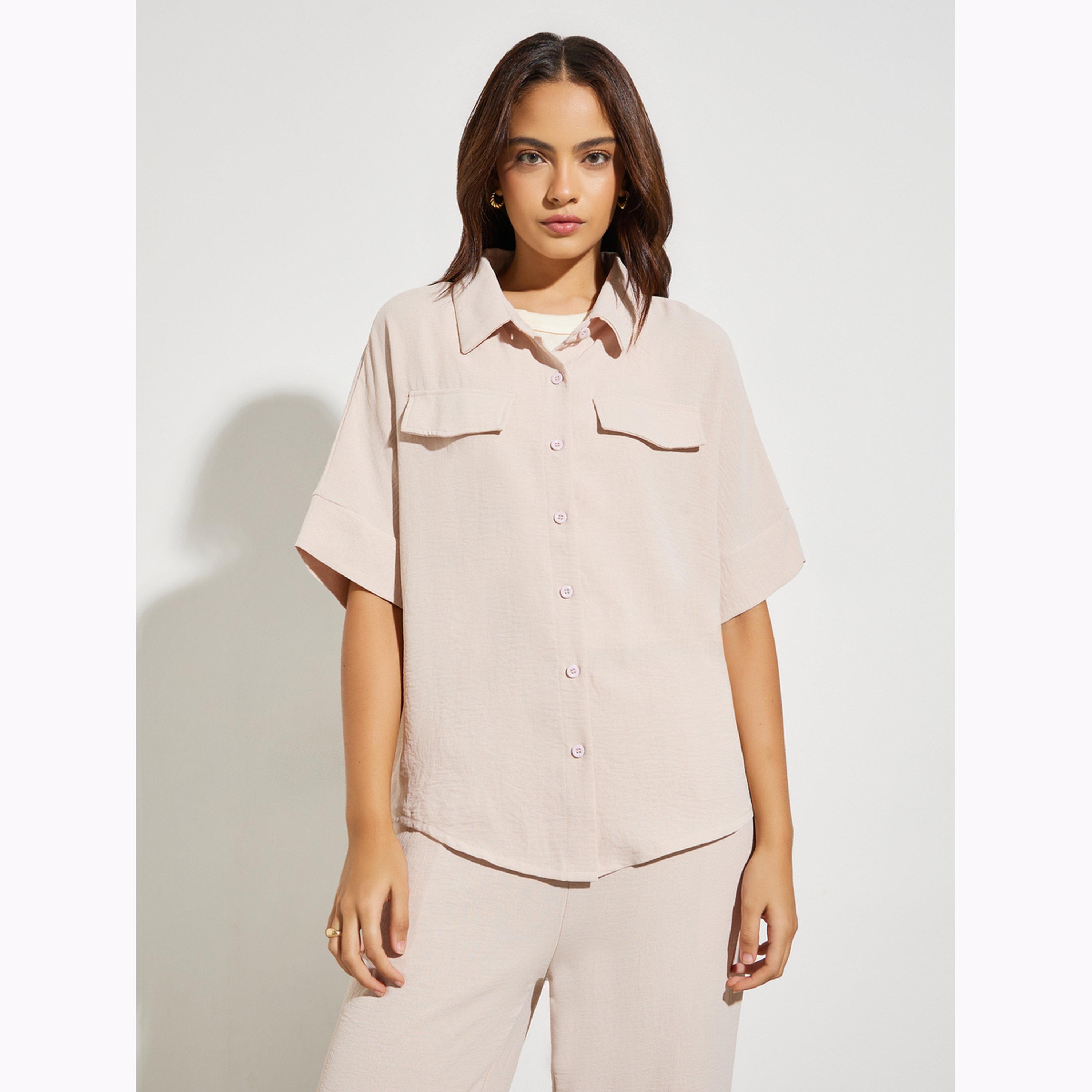 طقم منسق من بنطال وبلوزة مريحة بلون كاكي-women-clothing-coordsets-image-4