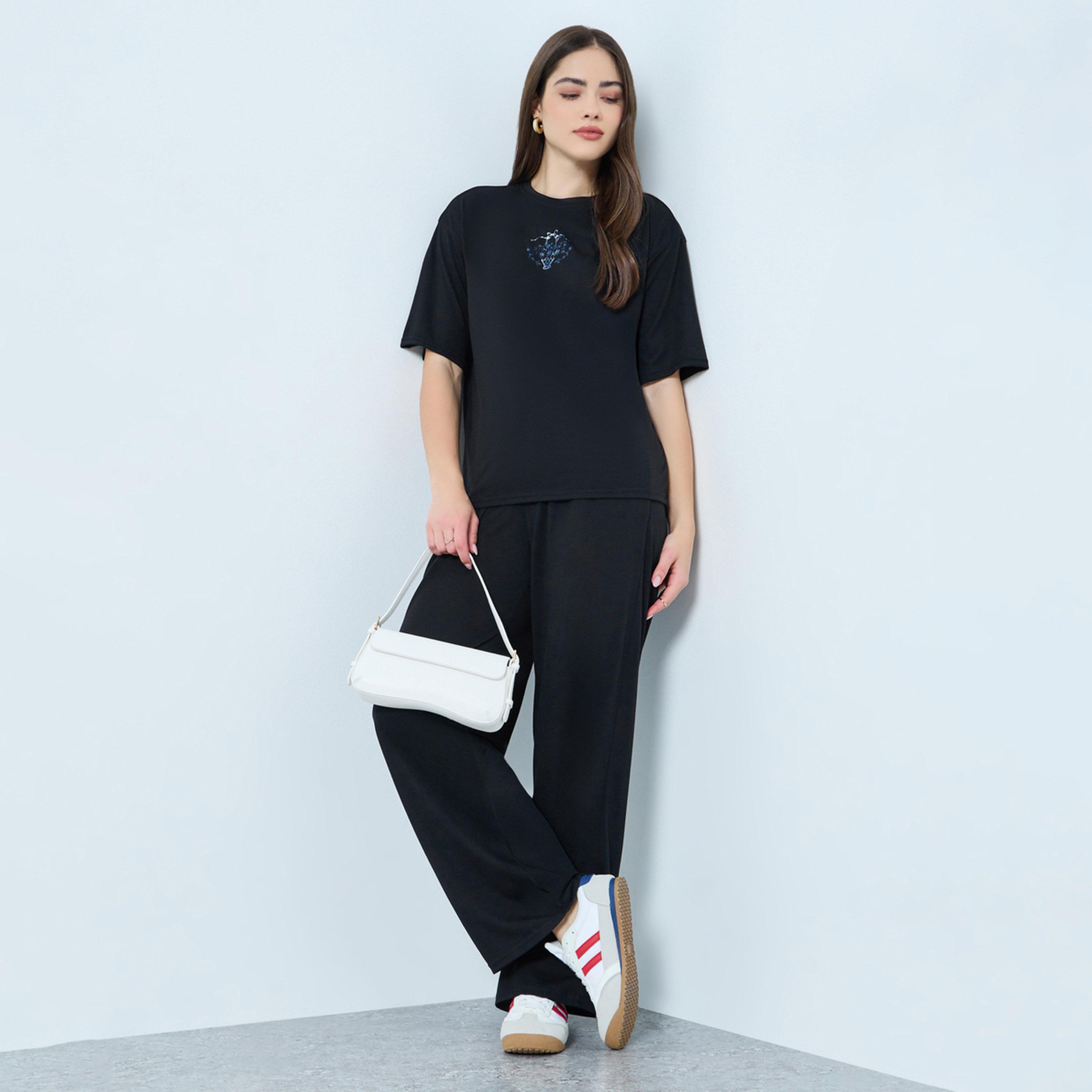 Styli Black Printed T-Shirt and Wide Leg Pants Co-Ords-women-clothing-coordsets-image-1