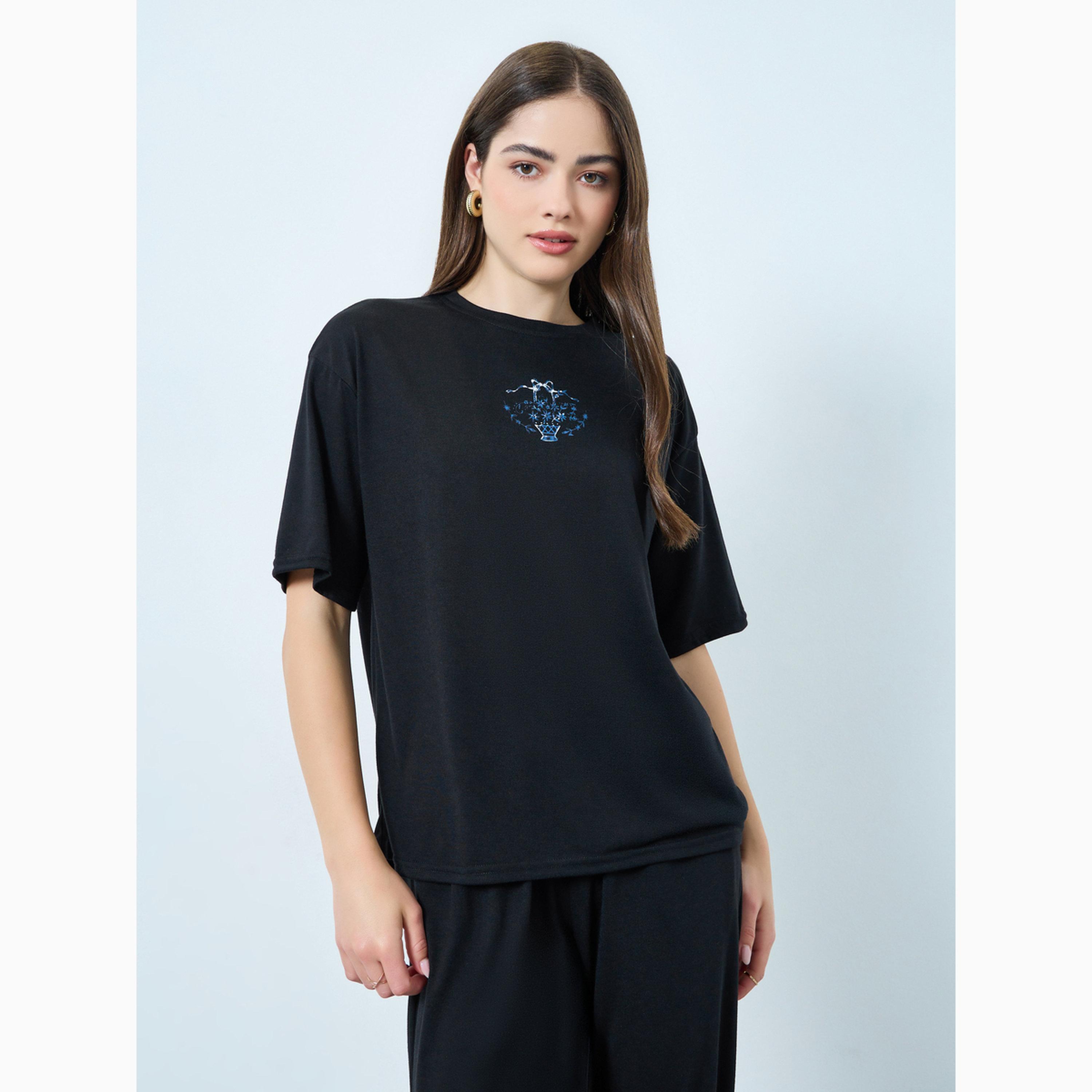 Styli Black Printed T-Shirt and Wide Leg Pants Co-Ords-women-clothing-coordsets-image-2