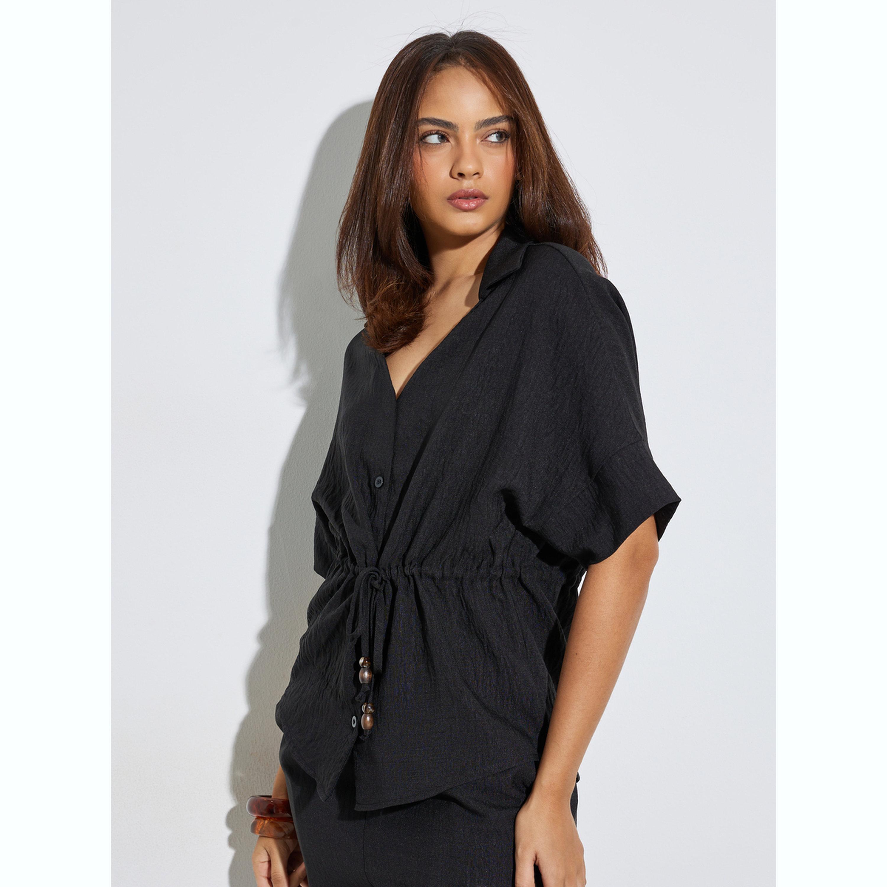 Styli Black Beaded Drawstring Open Collar Top and Pants Set-women-clothing-coordsets-image-2