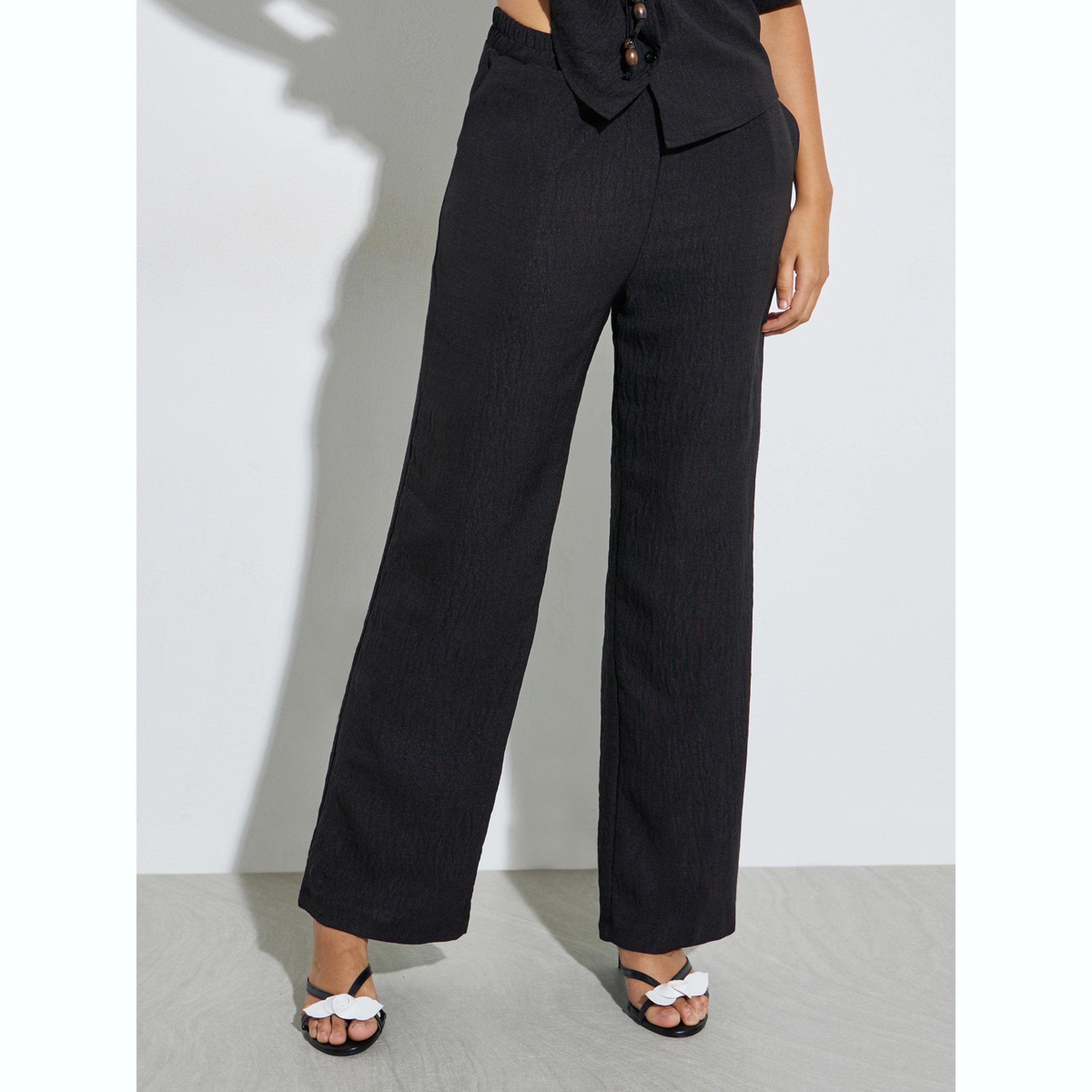 Styli Black Beaded Drawstring Open Collar Top and Pants Set-women-clothing-coordsets-image-5