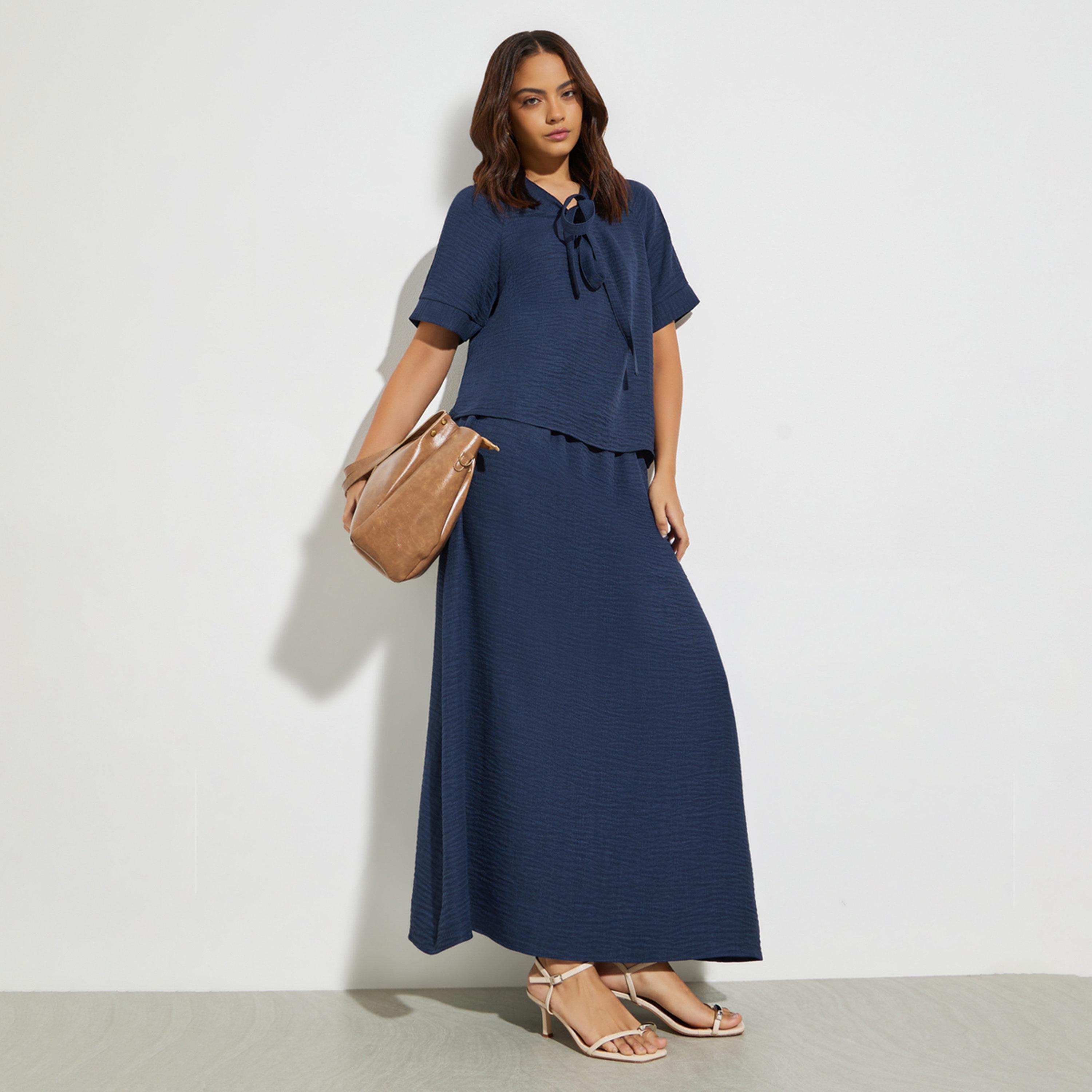 Styli Dark Blue Tie-Up Neck Blouse and Maxi Skirt Co-Ords-women-clothing-coordsets-image-1