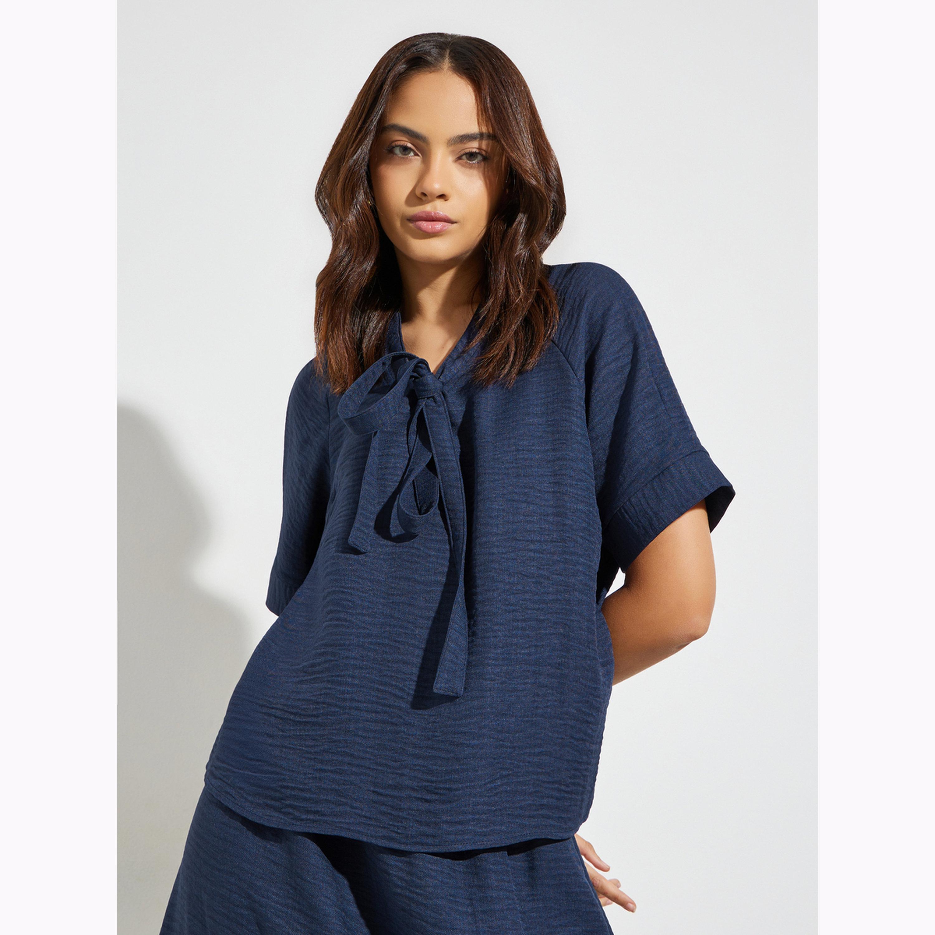Styli Dark Blue Tie-Up Neck Blouse and Maxi Skirt Co-Ords-women-clothing-coordsets-image-2