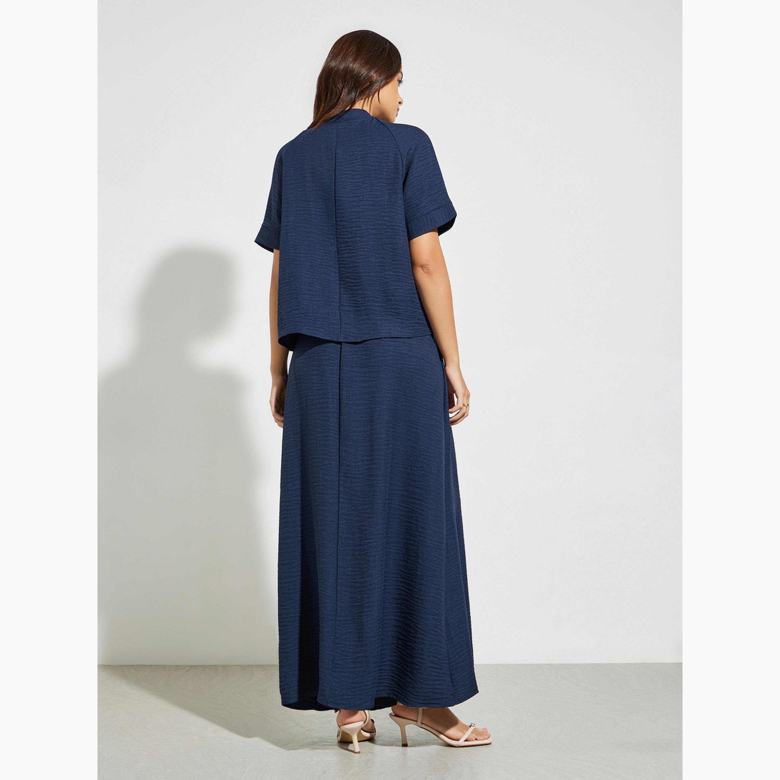 Styli Dark Blue Tie-Up Neck Blouse and Maxi Skirt Co-Ords-women-clothing-coordsets-image-3