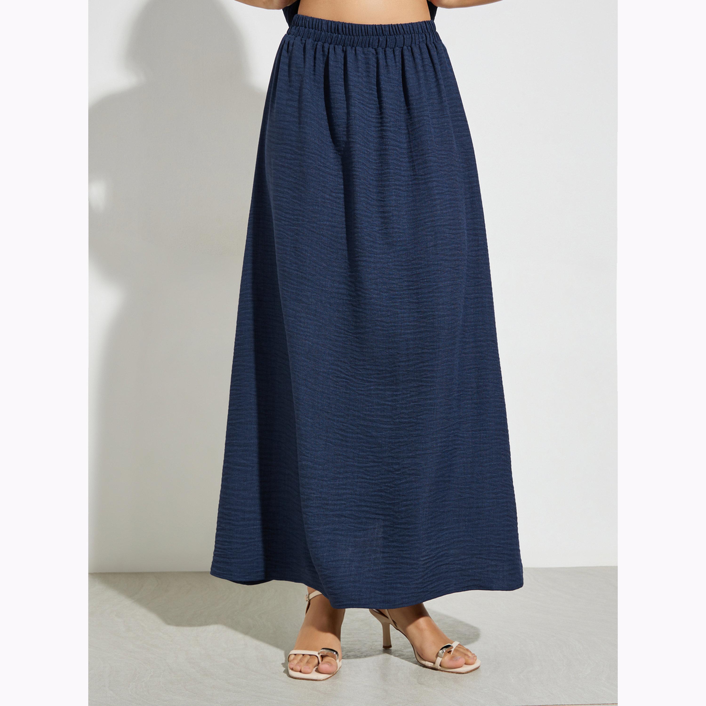Styli Dark Blue Tie-Up Neck Blouse and Maxi Skirt Co-Ords-women-clothing-coordsets-image-4