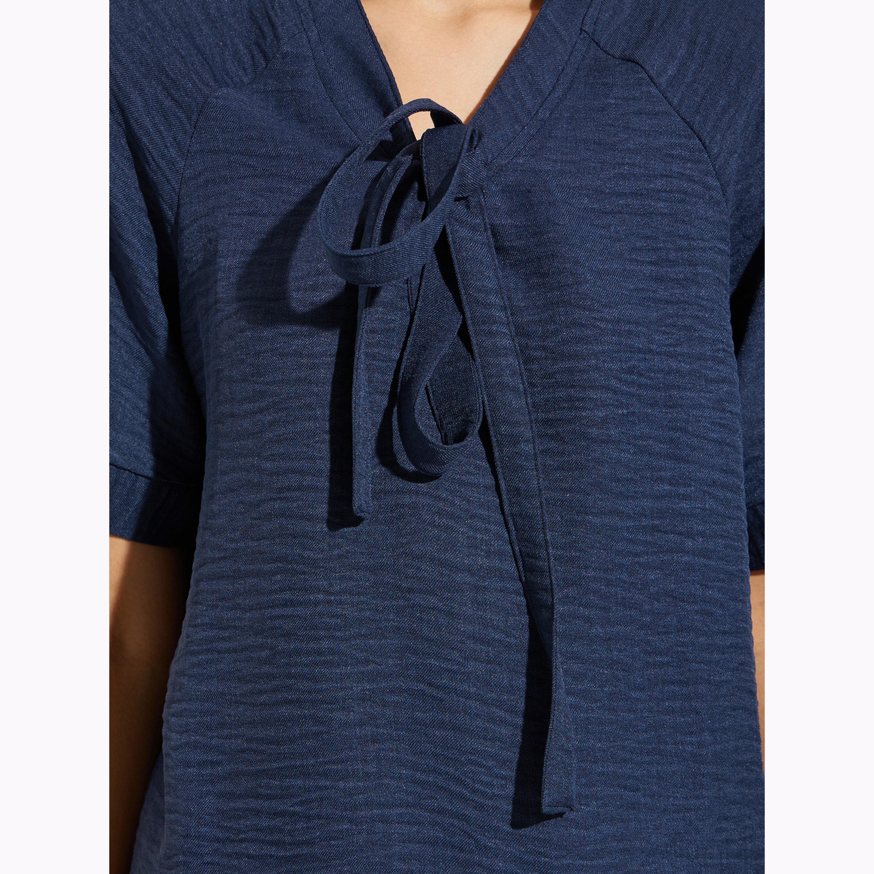 Styli Dark Blue Tie-Up Neck Blouse and Maxi Skirt Co-Ords-women-clothing-coordsets-image-5