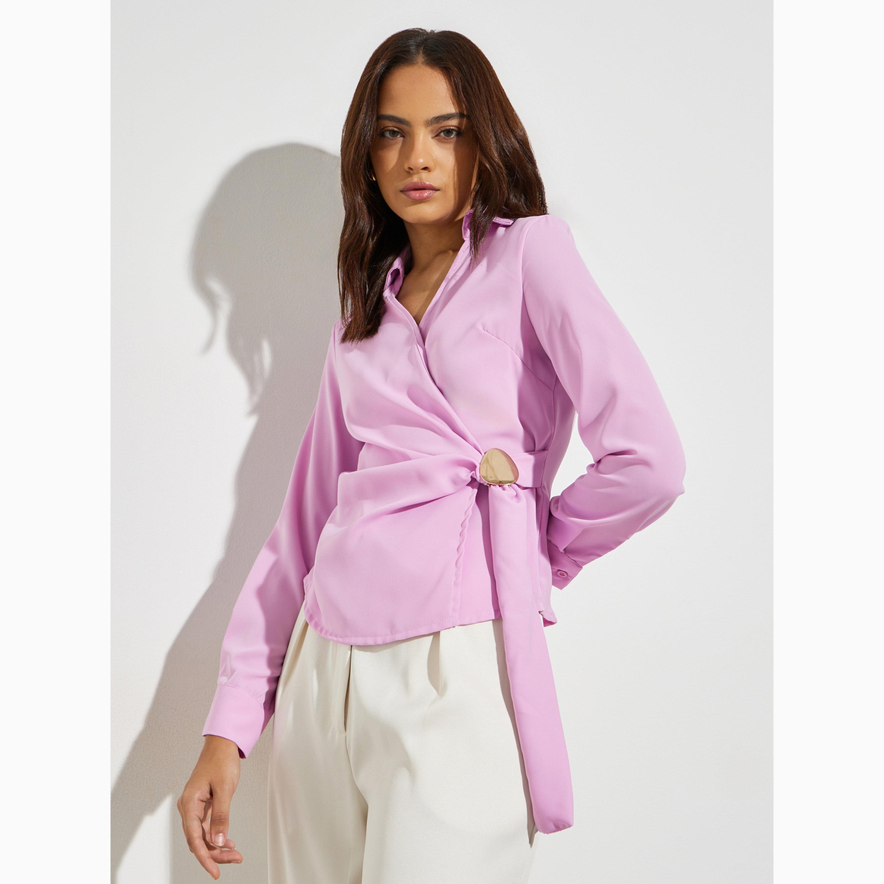 Styli Purple Wrap Top with Long Sleeves-women-clothing-shirtsandblouses-blouses-image-1