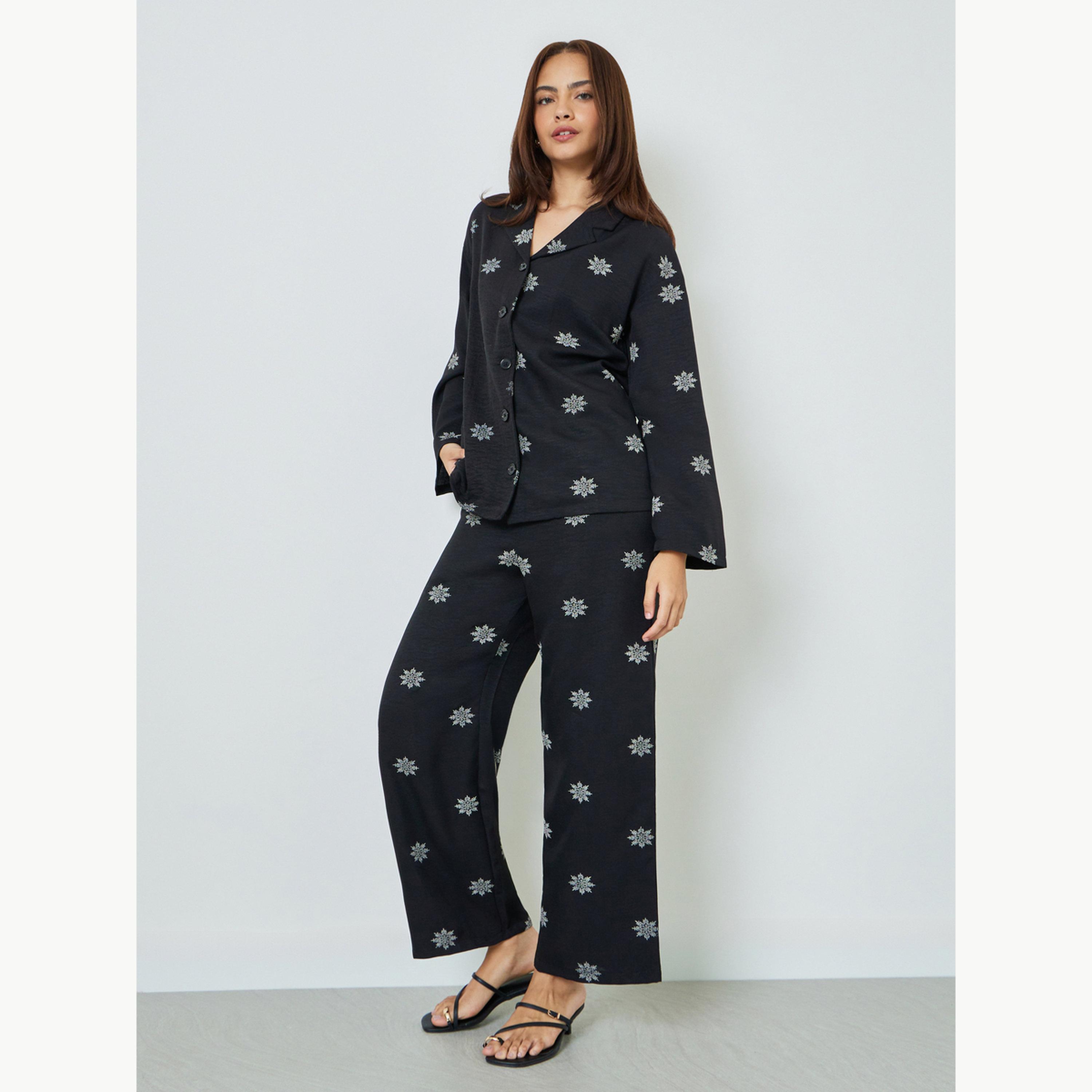 Amirah X Styli Black Floral Print Resort Collar Shirt and Pants Modest Set-women-clothing-coordsets-image-1