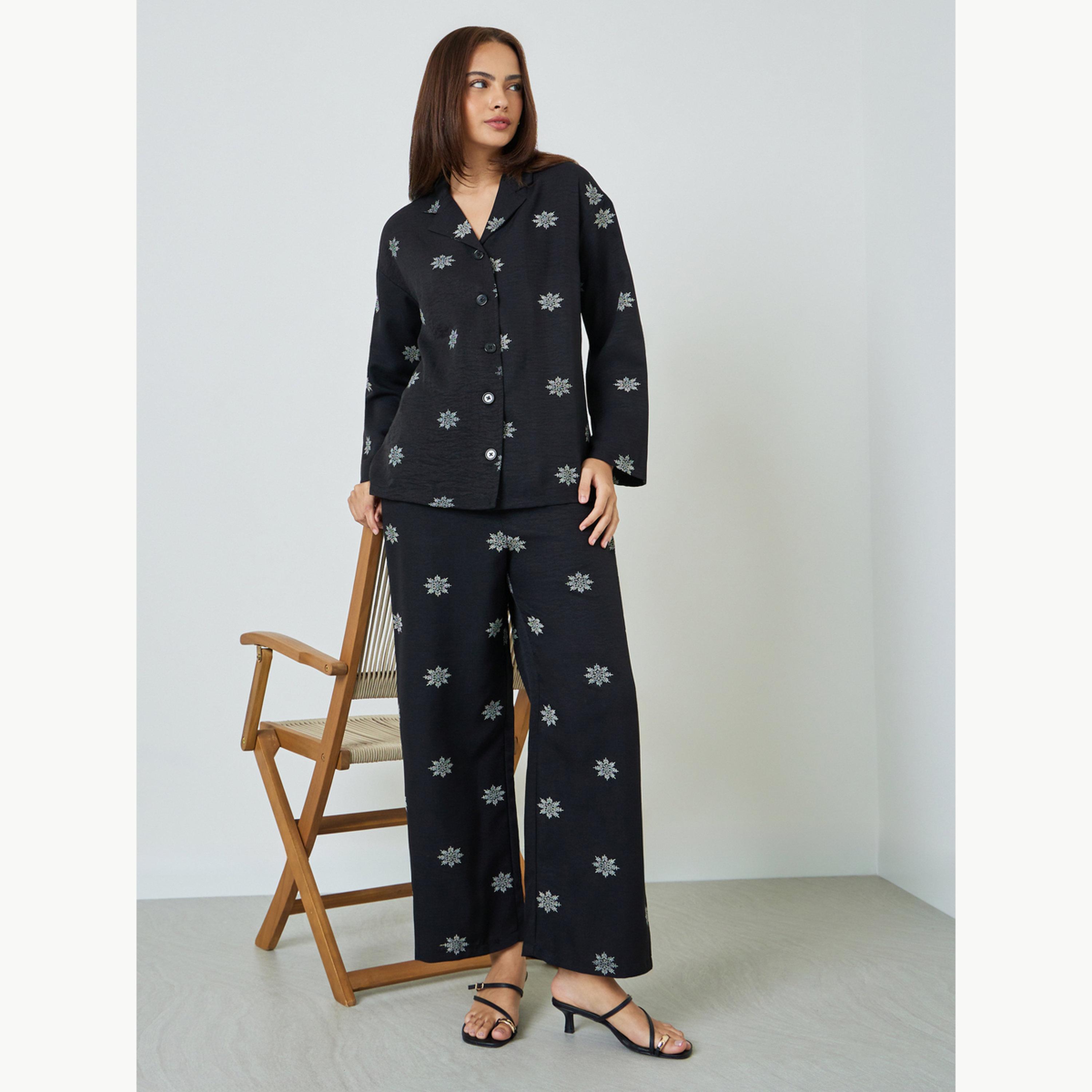 Amirah X Styli Black Floral Print Resort Collar Shirt and Pants Modest Set-women-clothing-coordsets-image-3