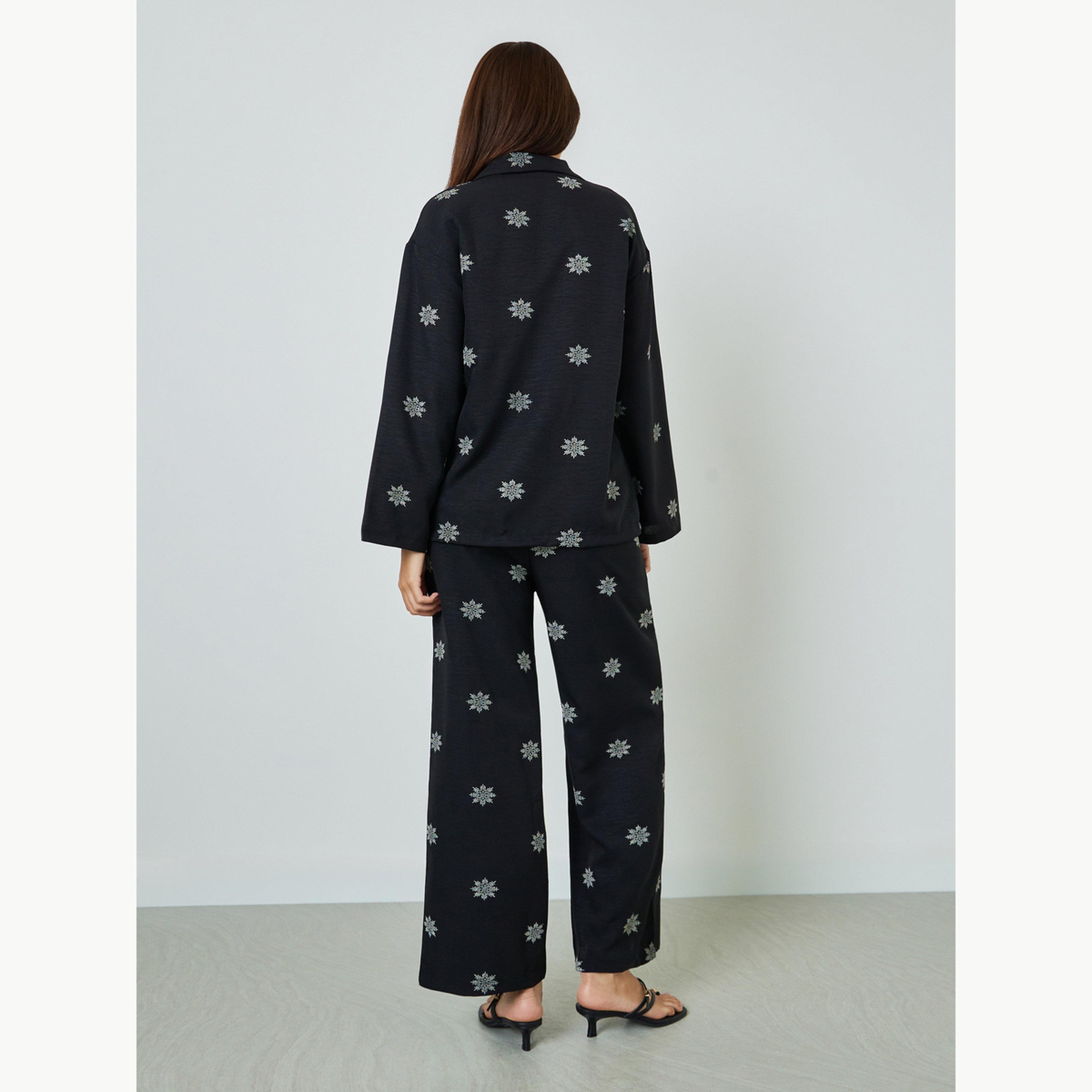 Amirah X Styli Black Floral Print Resort Collar Shirt and Pants Modest Set-women-clothing-coordsets-image-4