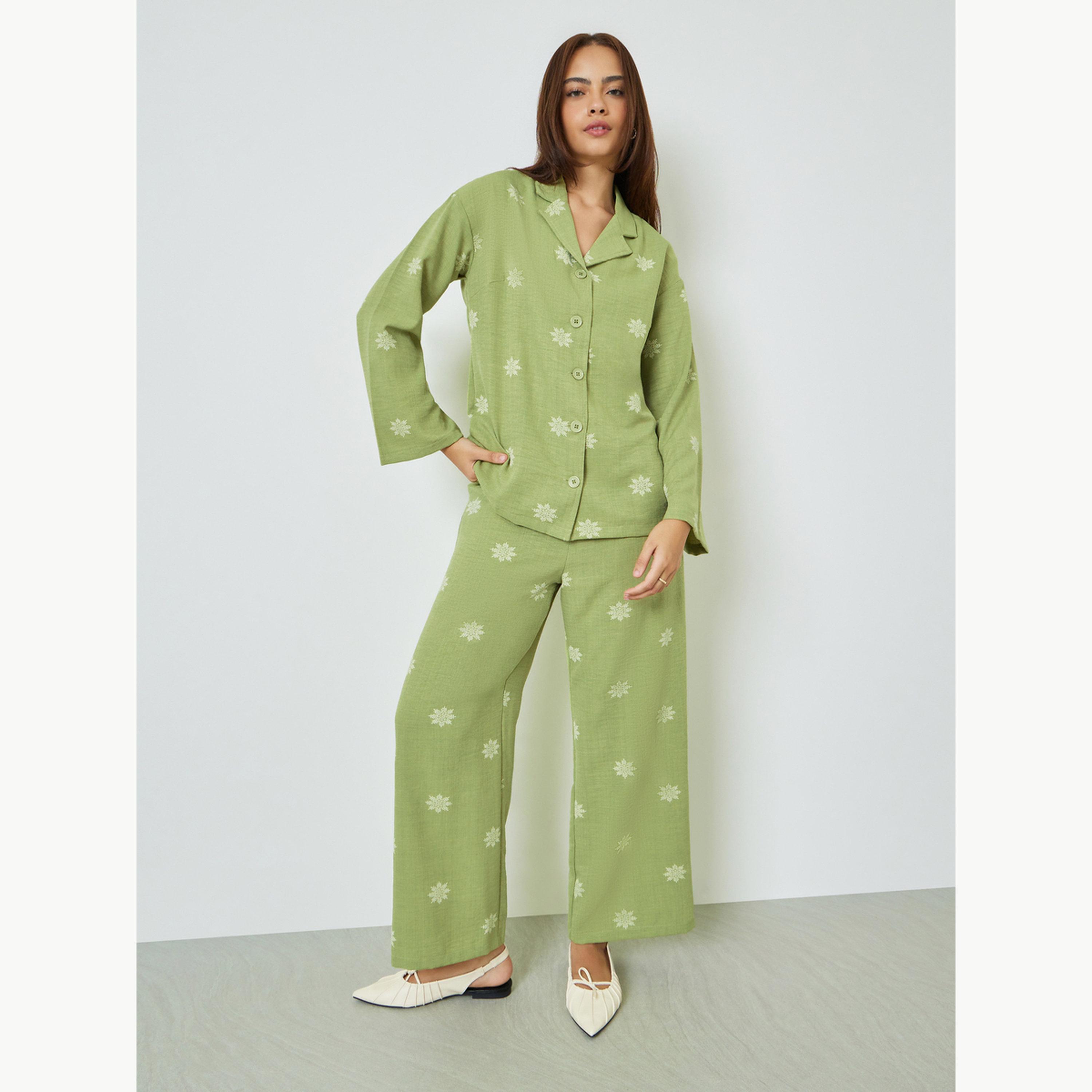 Amirah X Styli Green Floral Print Resort Collar Shirt and Pants Modest Set-women-clothing-coordsets-image-1