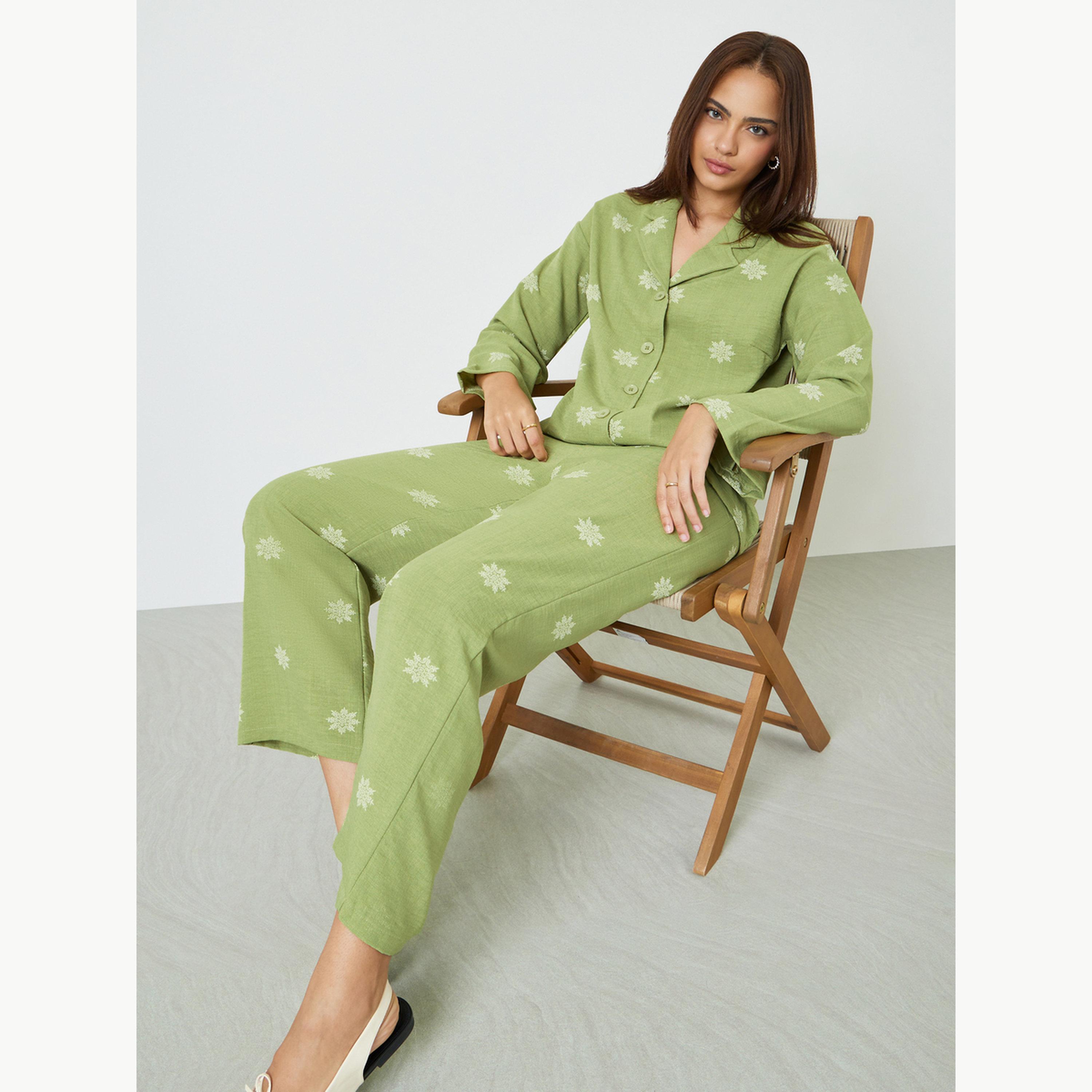 Amirah X Styli Green Floral Print Resort Collar Shirt and Pants Modest Set-women-clothing-coordsets-image-2