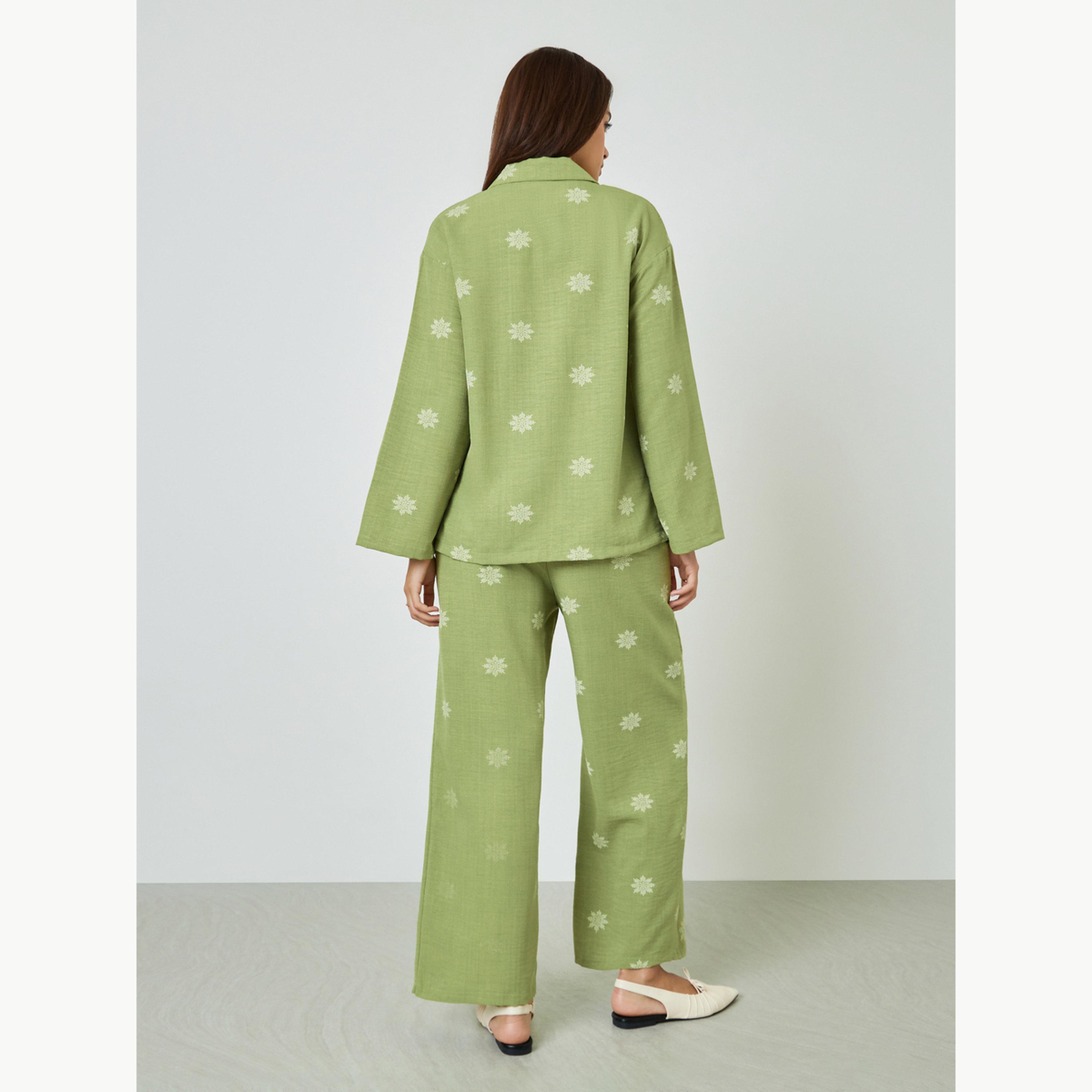 Amirah X Styli Green Floral Print Resort Collar Shirt and Pants Modest Set-women-clothing-coordsets-image-4