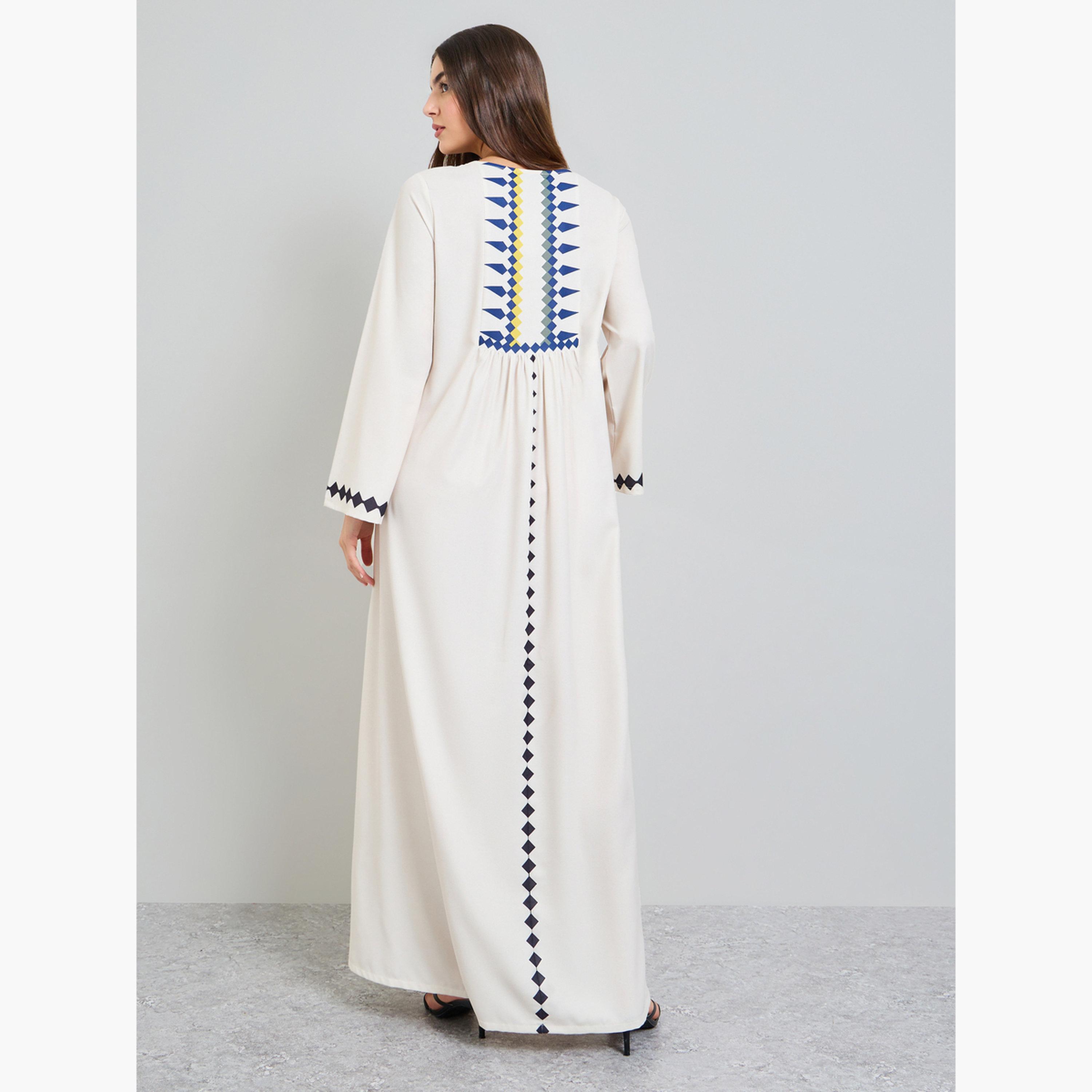 جلابية طويلة مطبعة مع ياقة بأربطة-women-arabicclothing-jalabiyas-image-3