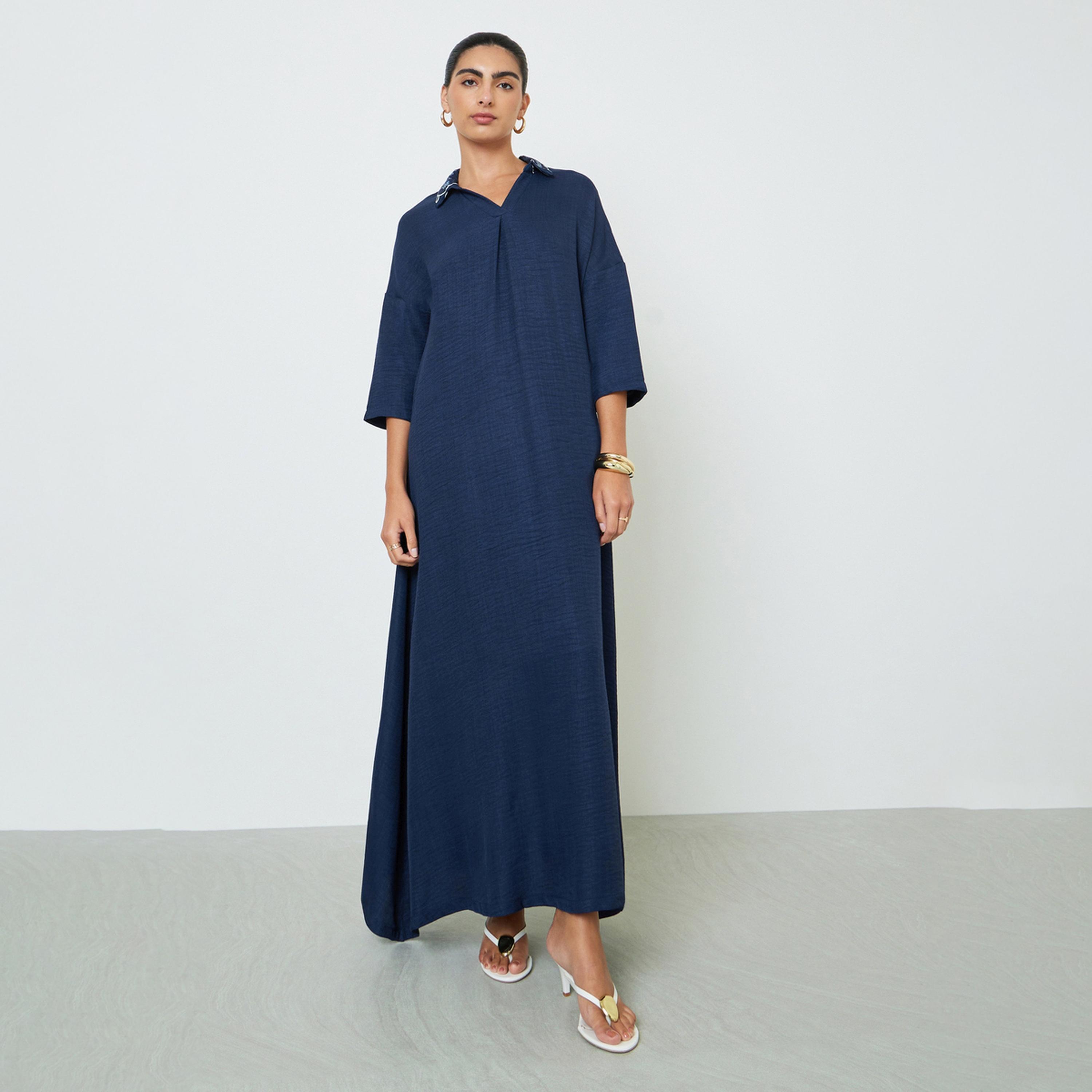 Amirah X Styli Navy Blue Printed Collar Jalabiya-women-arabicclothing-jalabiyas-image-1