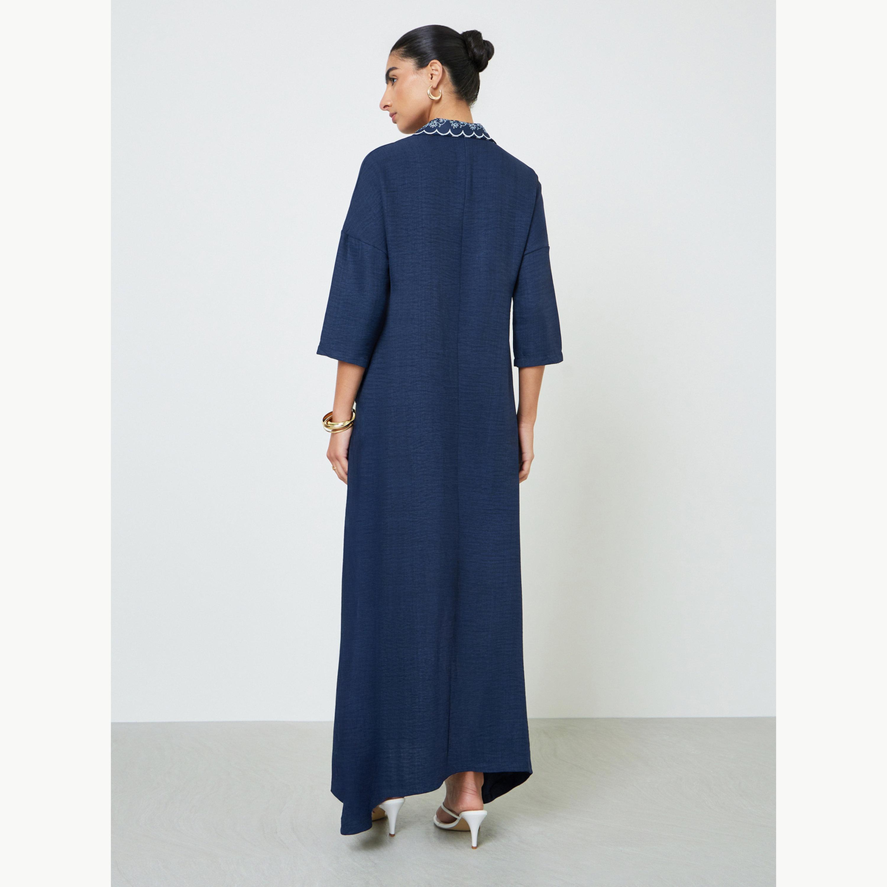 Amirah X Styli Navy Blue Printed Collar Jalabiya-women-arabicclothing-jalabiyas-image-4
