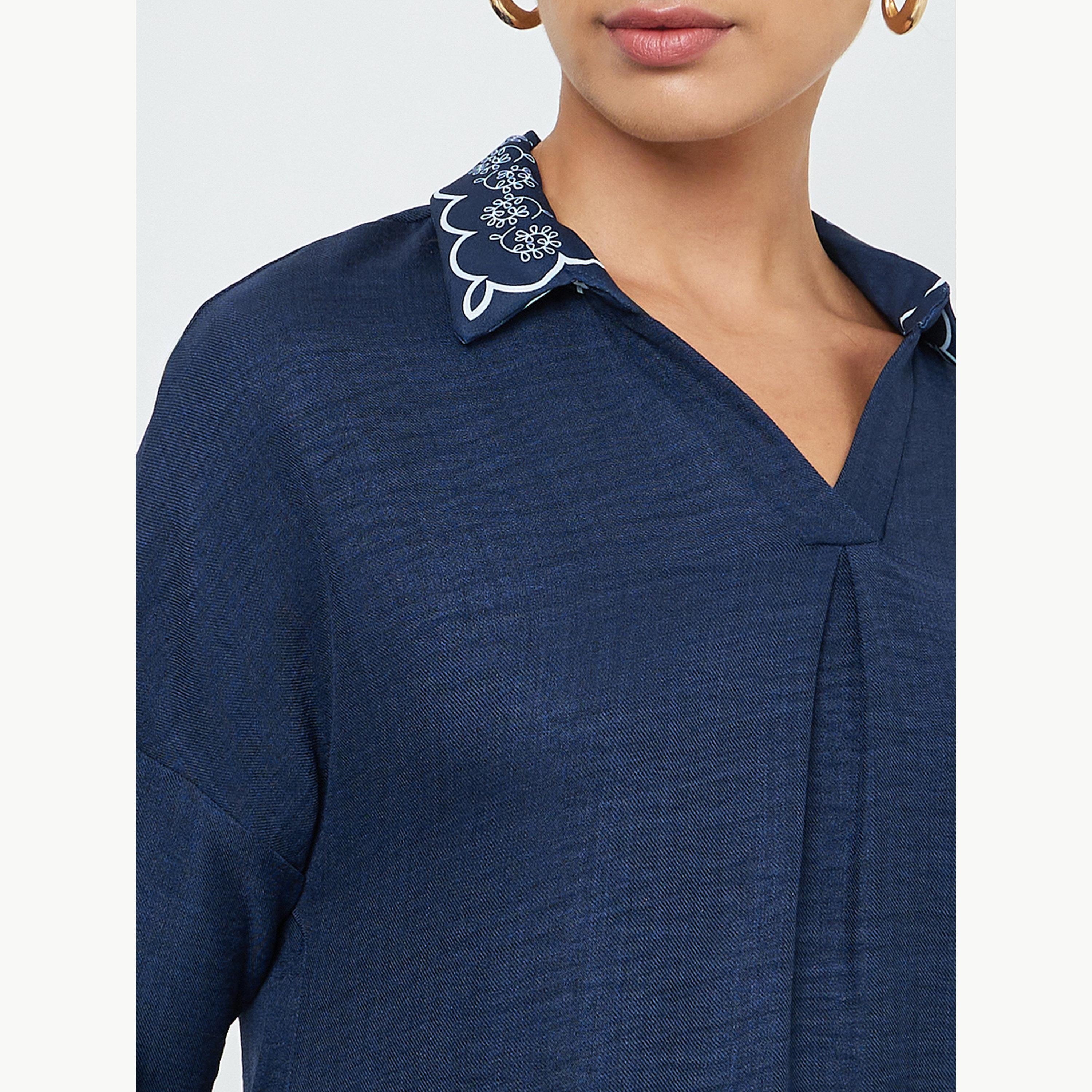 Amirah X Styli Navy Blue Printed Collar Jalabiya-women-arabicclothing-jalabiyas-image-5