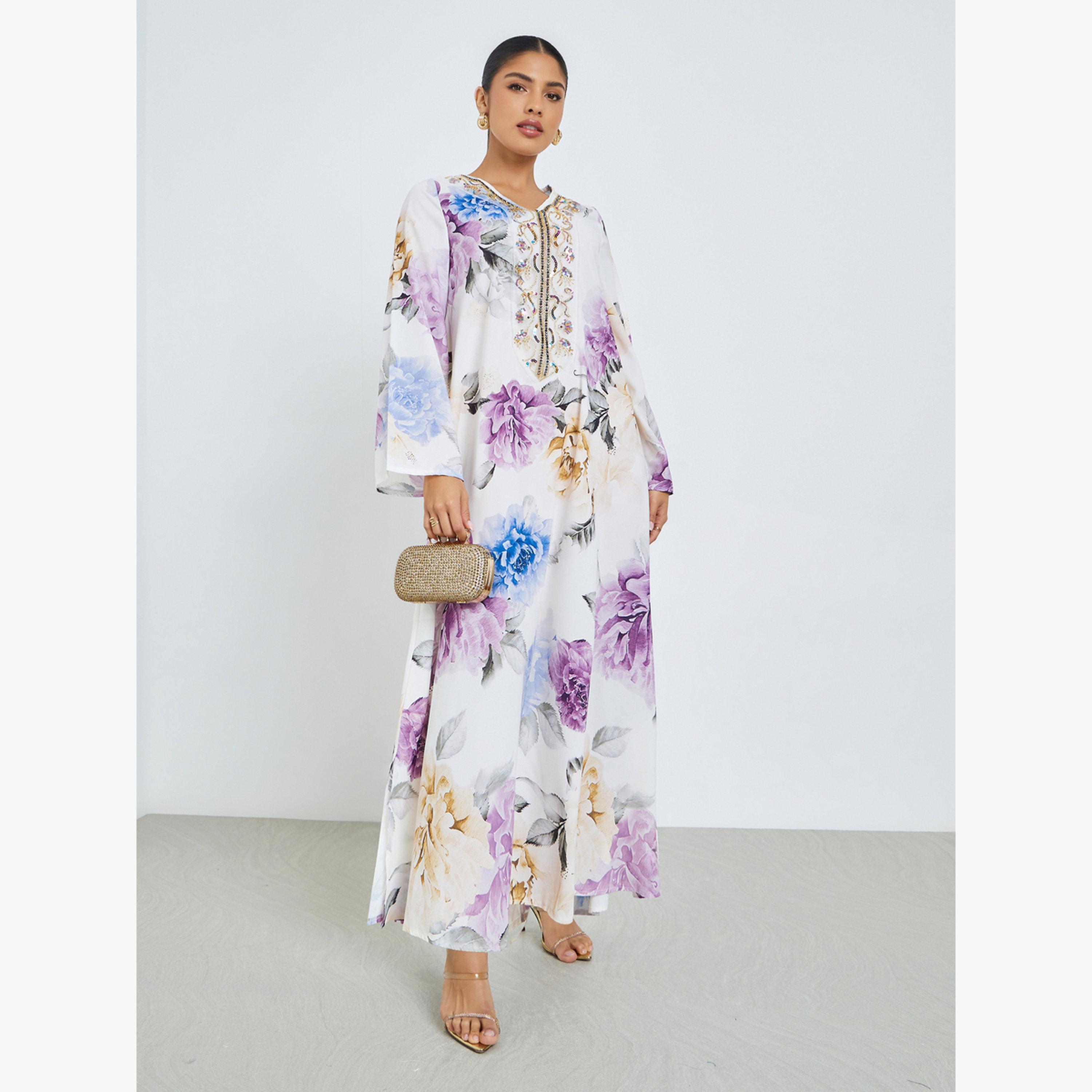 جلابية مزينة بالترتر وطبعة أزهار-women-arabicclothing-jalabiyas-image-1