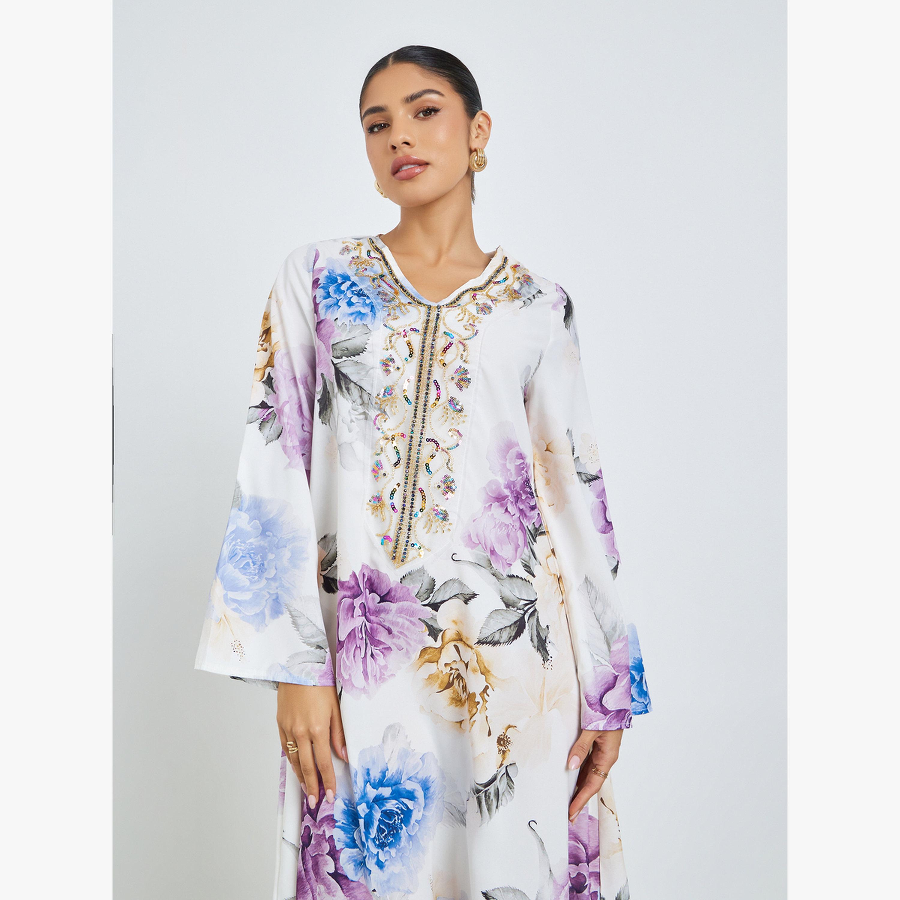 Styli Floral Print Sequined Jalabiya-women-arabicclothing-jalabiyas-image-2