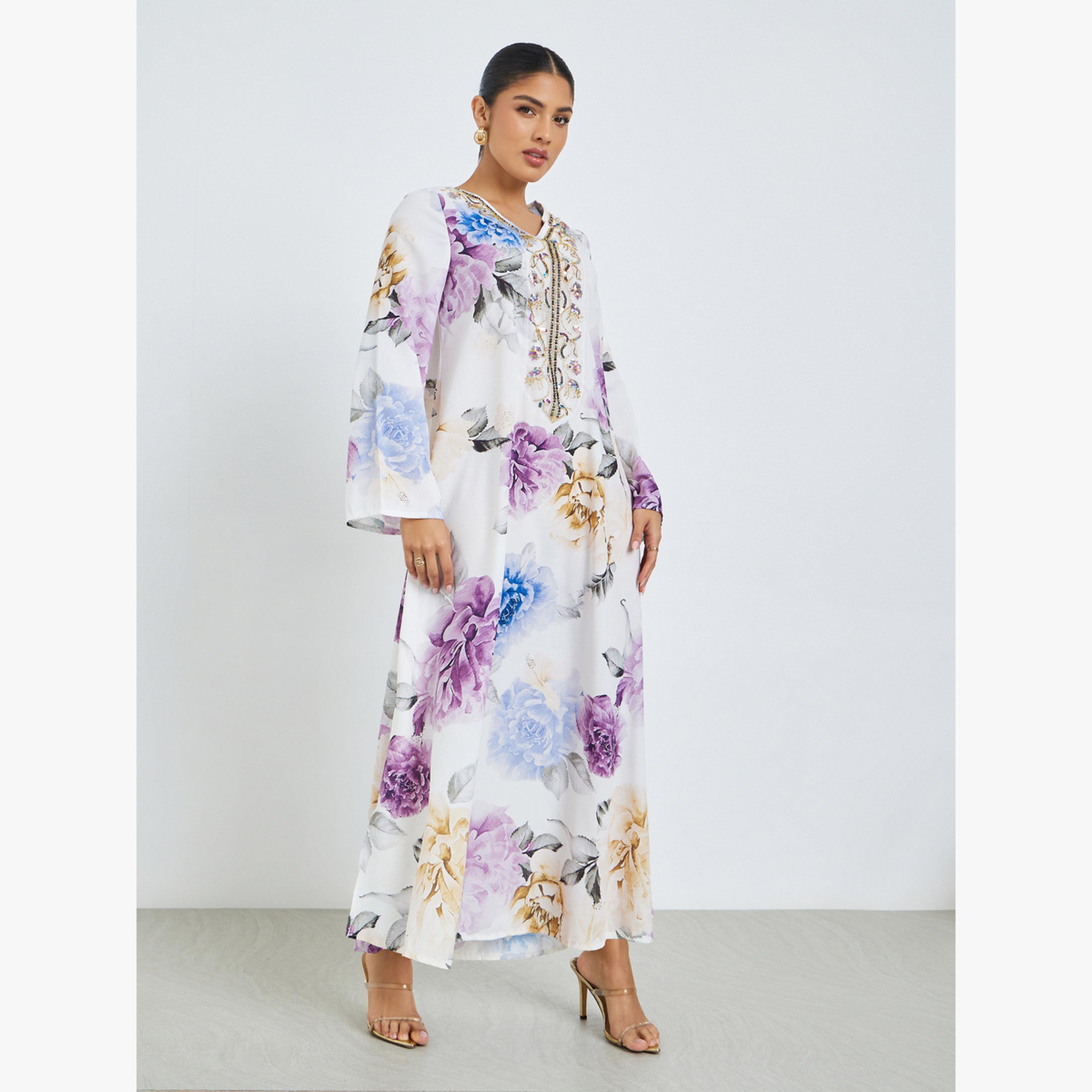 Styli Floral Print Sequined Jalabiya-women-arabicclothing-jalabiyas-image-3