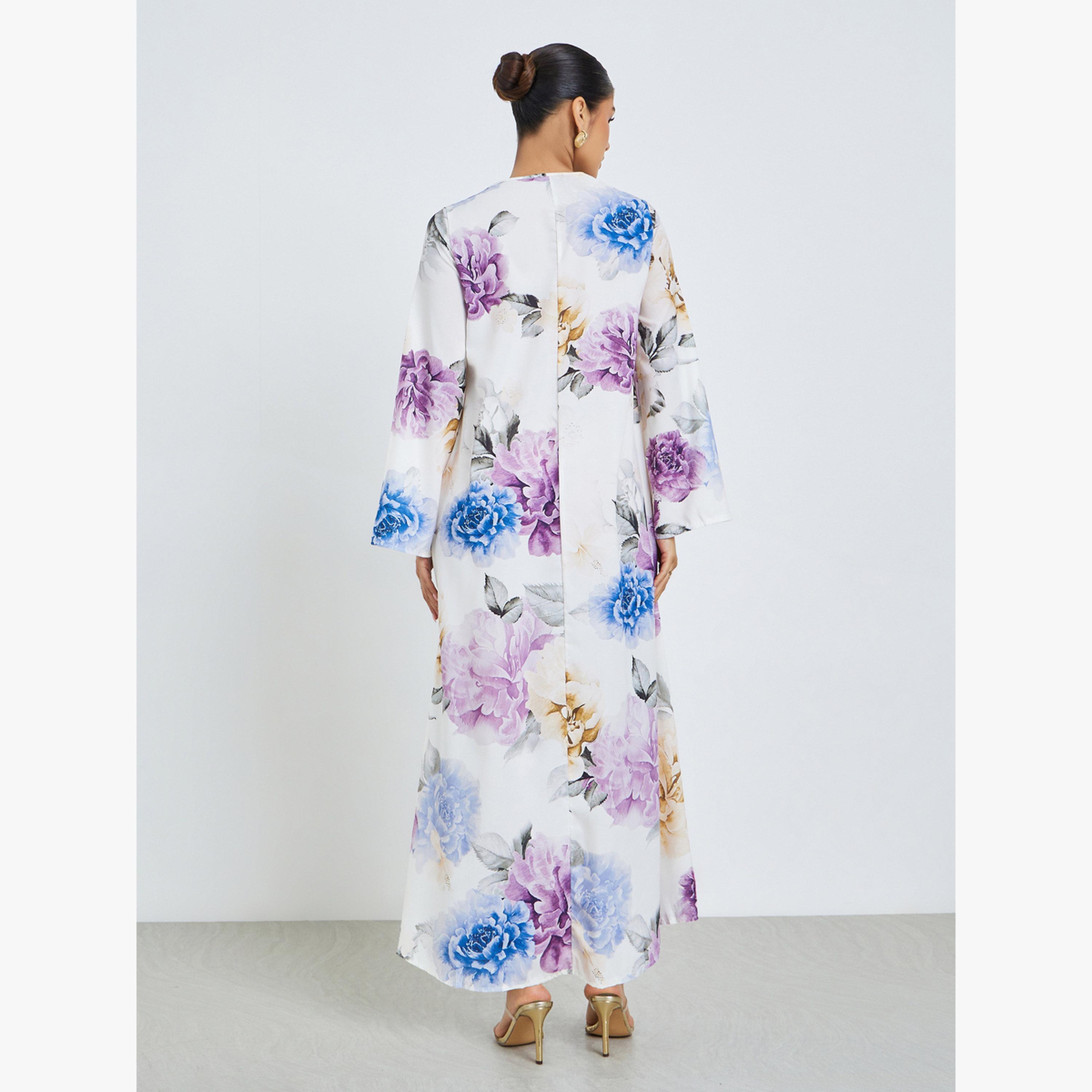 جلابية مزينة بالترتر وطبعة أزهار-women-arabicclothing-jalabiyas-image-4