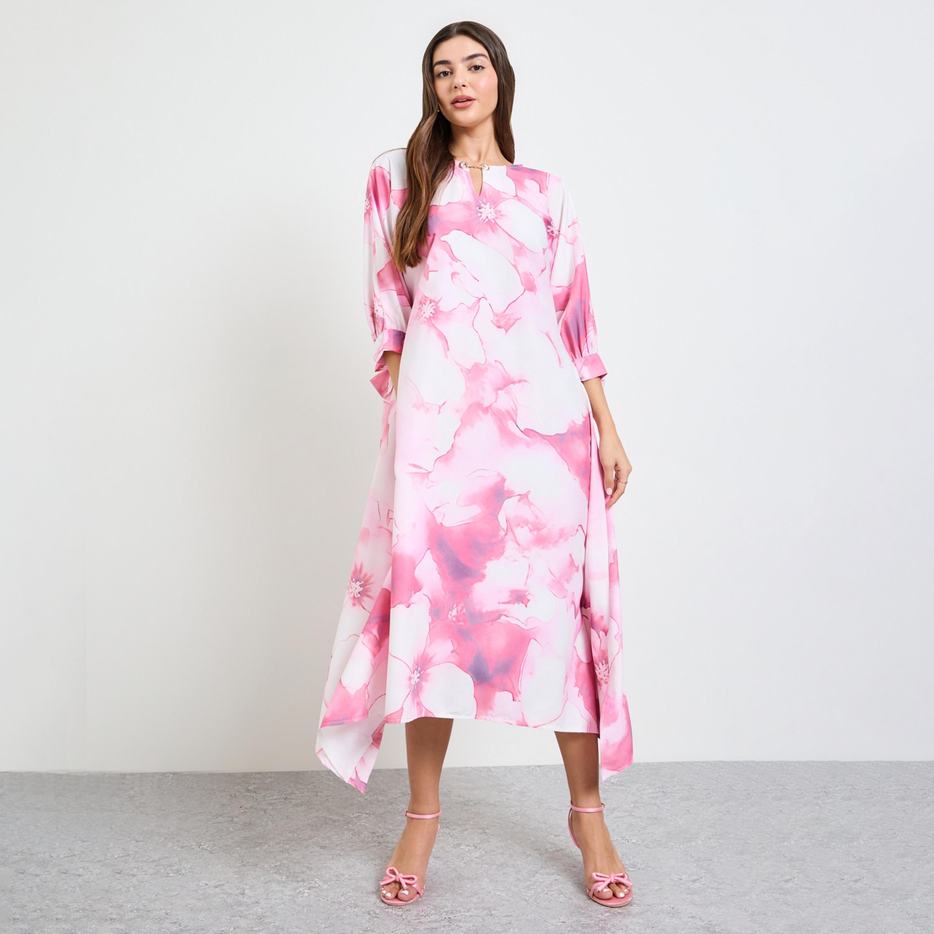 فستان ميدي بقصة قفطان وأكمام 3-4 وطبعة موضعية-women-clothing-dresses-image-1