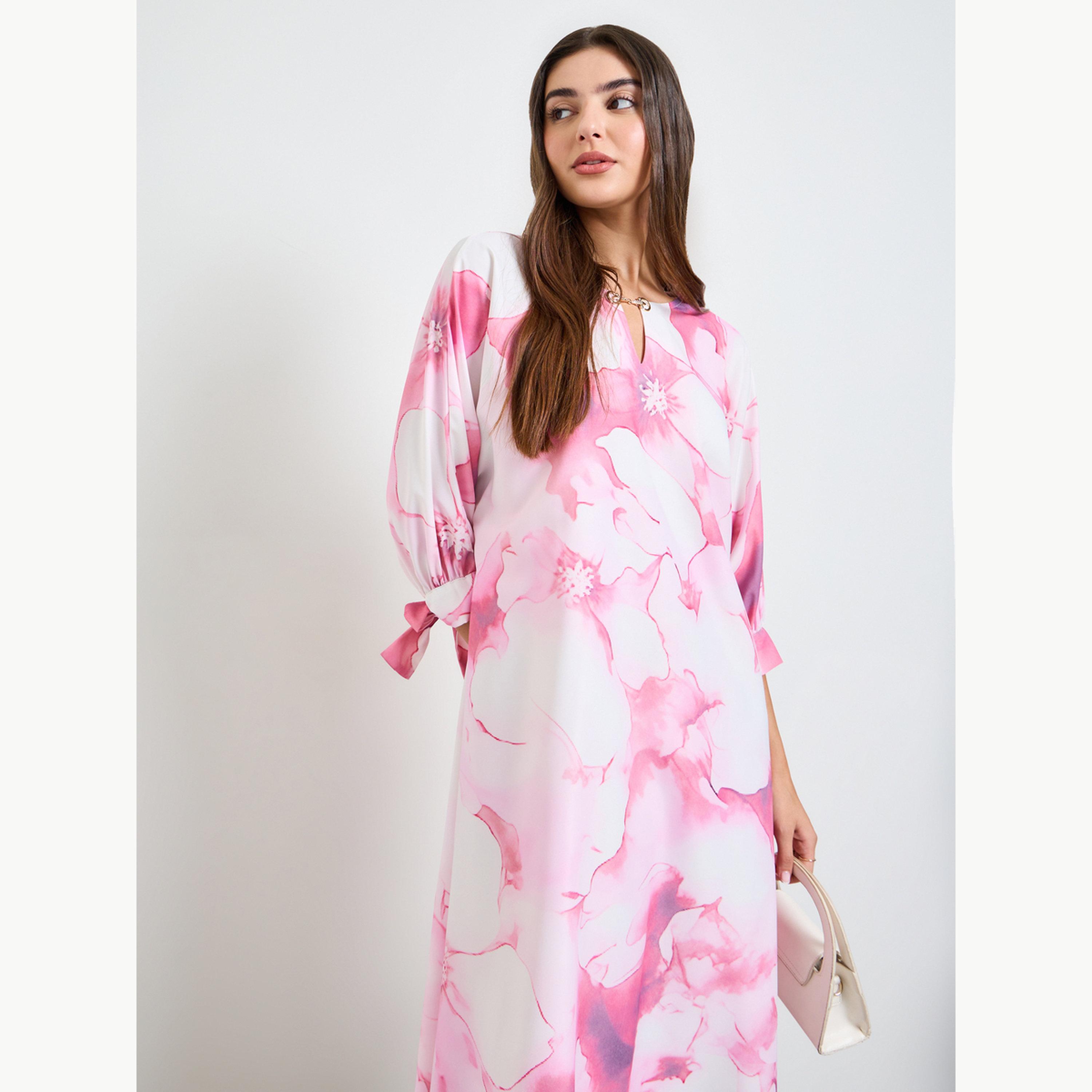 فستان ميدي بقصة قفطان وأكمام 3-4 وطبعة موضعية-women-clothing-dresses-image-2