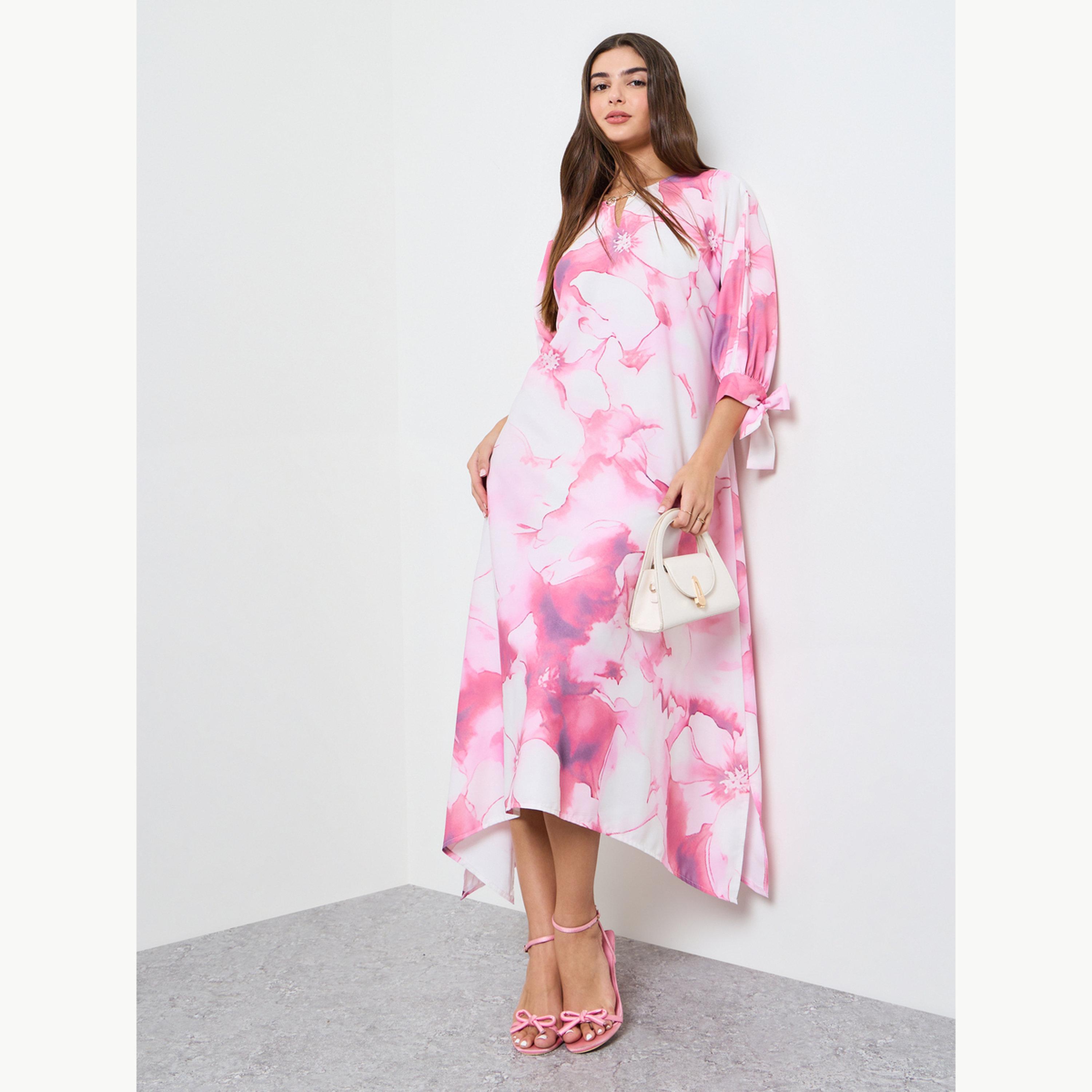 فستان ميدي بقصة قفطان وأكمام 3-4 وطبعة موضعية-women-clothing-dresses-image-3