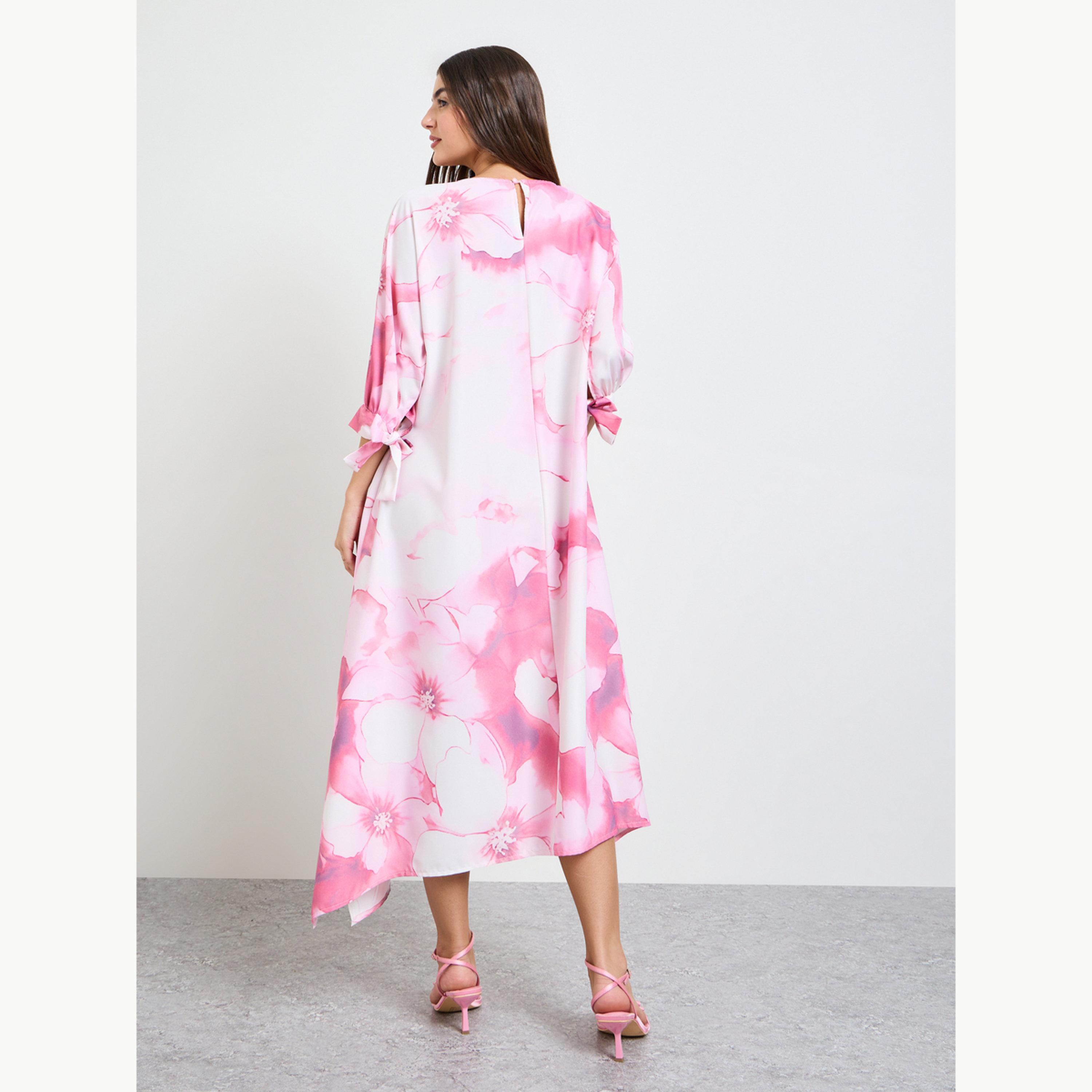 فستان ميدي بقصة قفطان وأكمام 3-4 وطبعة موضعية-women-clothing-dresses-image-4