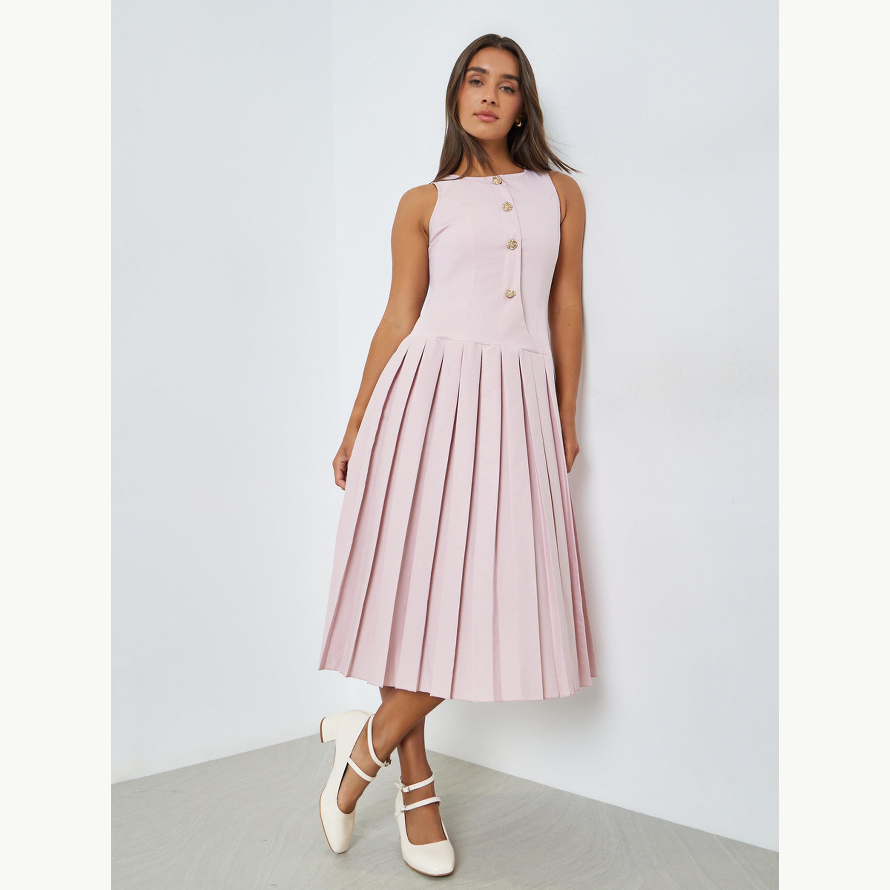 فستان ميدي بحافة واسعة وكسرات-women-clothing-dresses-image-1