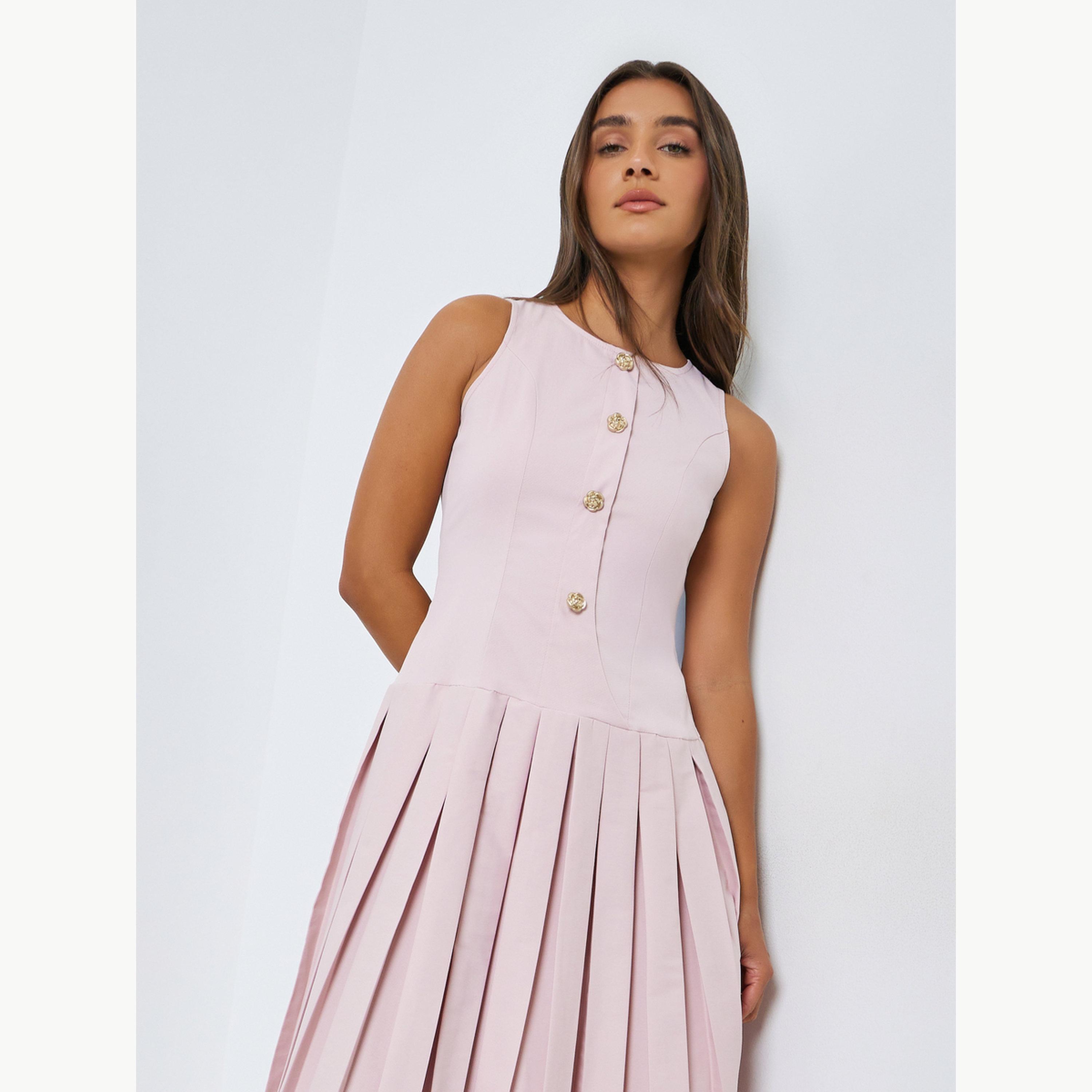 Styli Pink Pleated A-Line Midi Dress-women-clothing-dresses-image-2