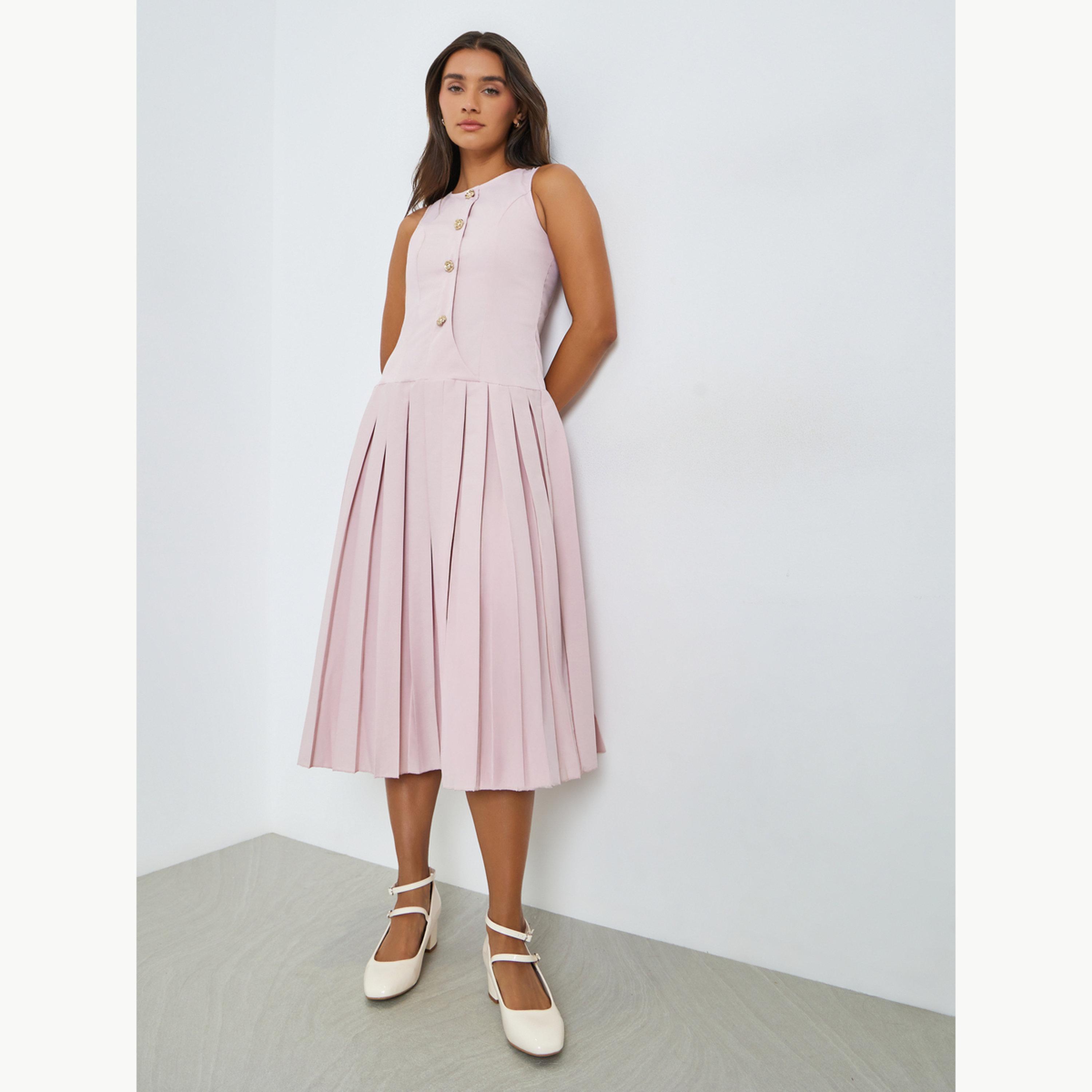 Styli Pink Pleated A-Line Midi Dress-women-clothing-dresses-image-3
