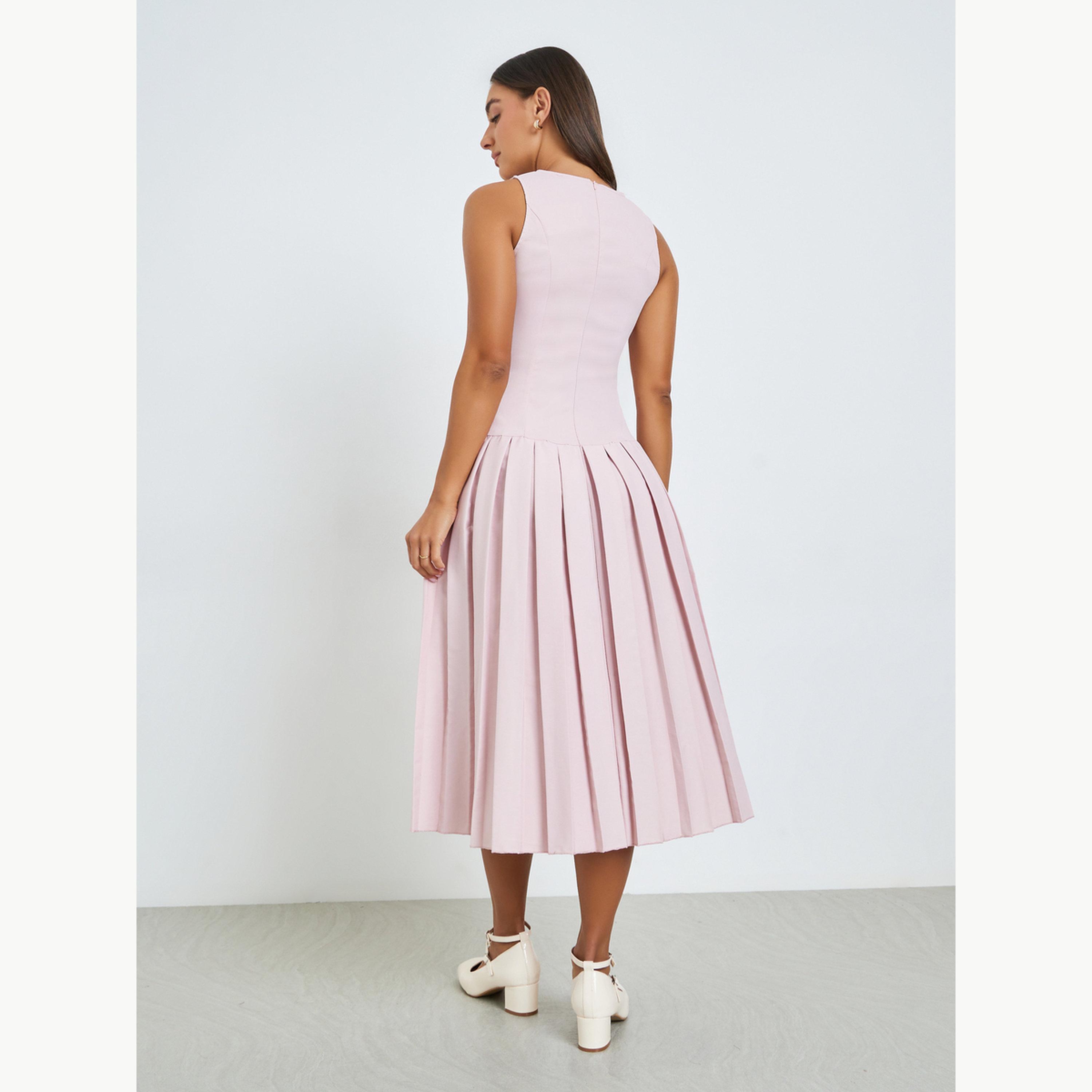 Styli Pink Pleated A-Line Midi Dress-women-clothing-dresses-image-4