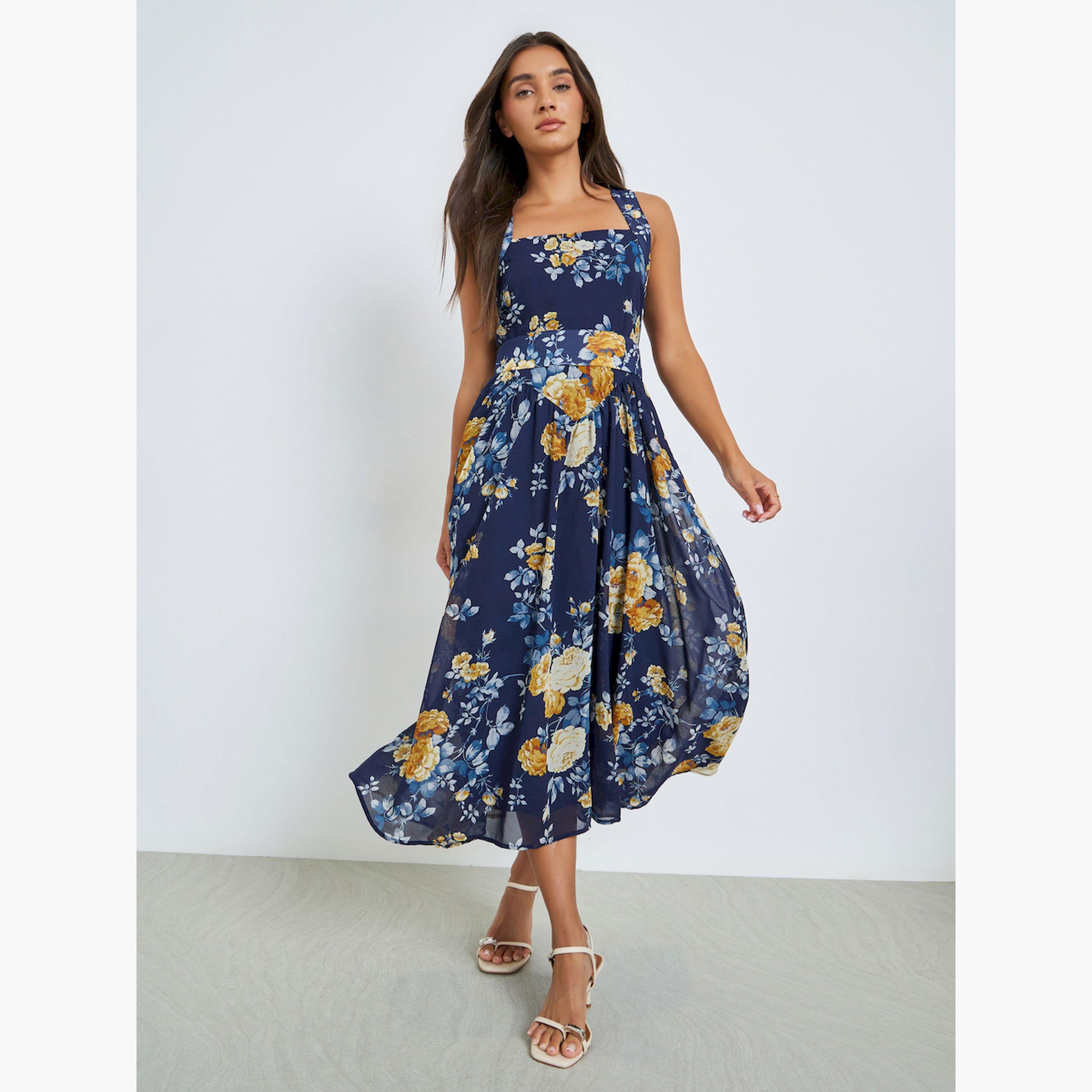 Styli Navy Blue Floral Sleeveless A-Line Midi Dress-women-clothing-dresses-image-1
