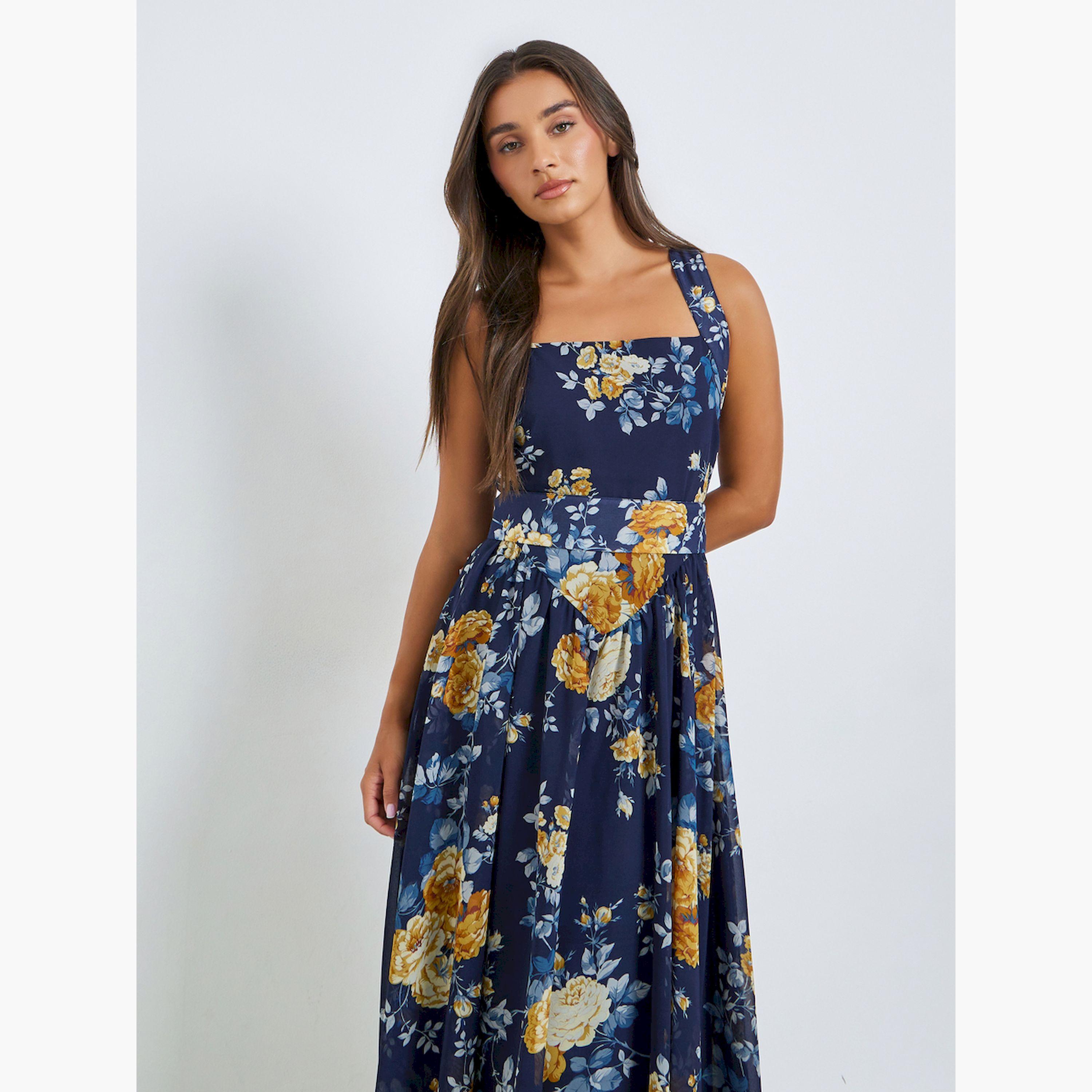 Styli Navy Blue Floral Sleeveless A-Line Midi Dress-women-clothing-dresses-image-2