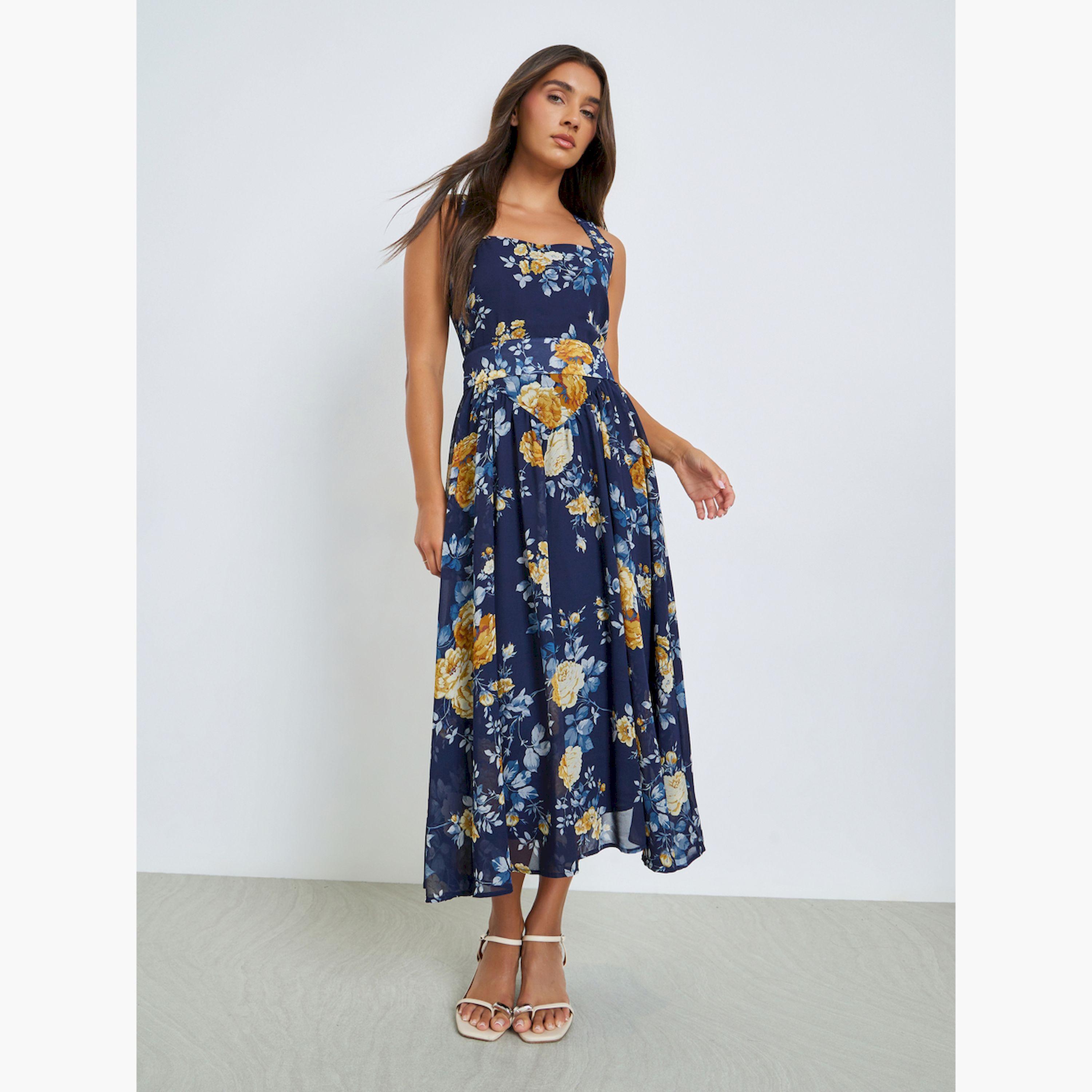Styli Navy Blue Floral Sleeveless A-Line Midi Dress-women-clothing-dresses-image-3