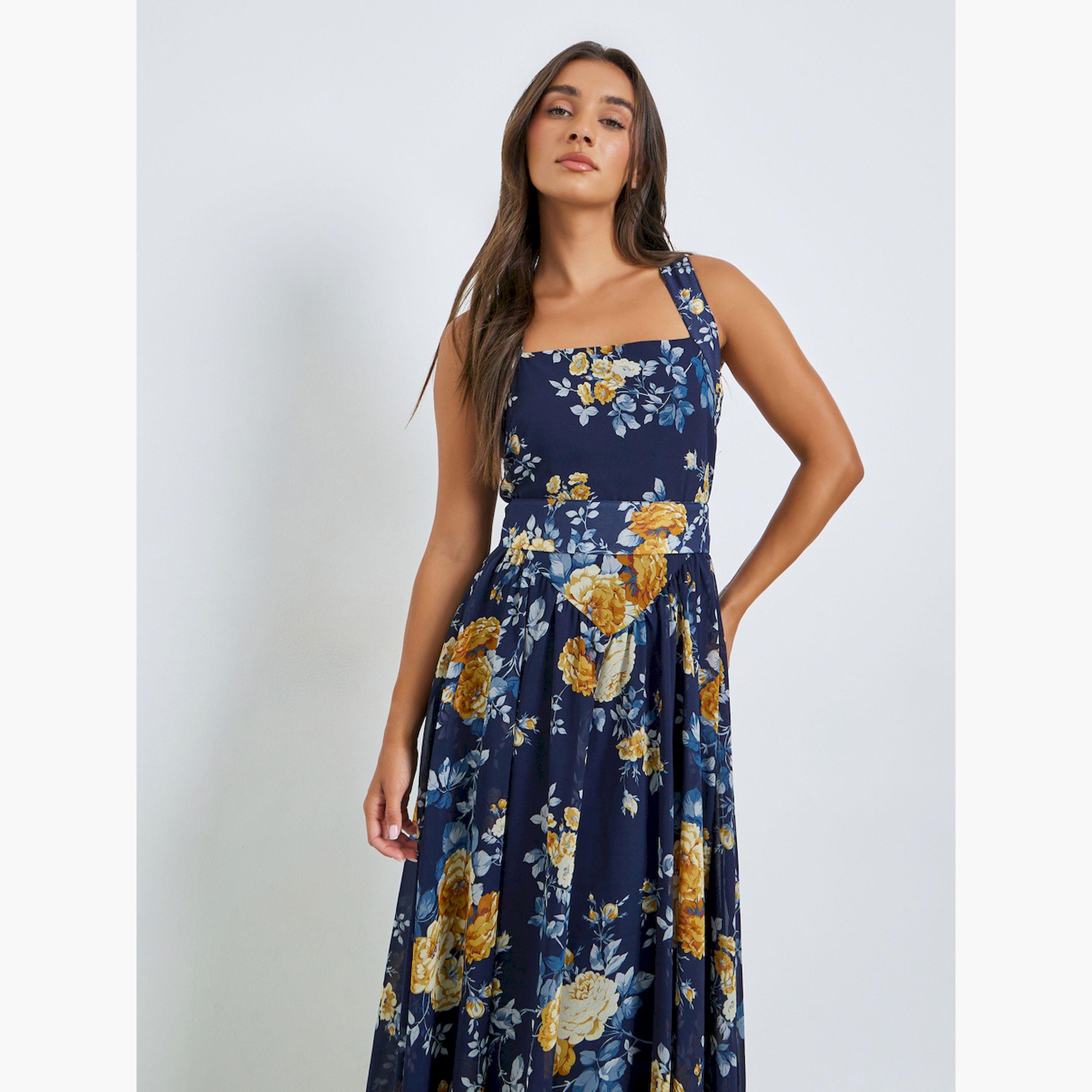 فستان ميدي بحافة واسعة بلا أكمام ونقشة زهور أزرق كحلي-women-clothing-dresses-image-4