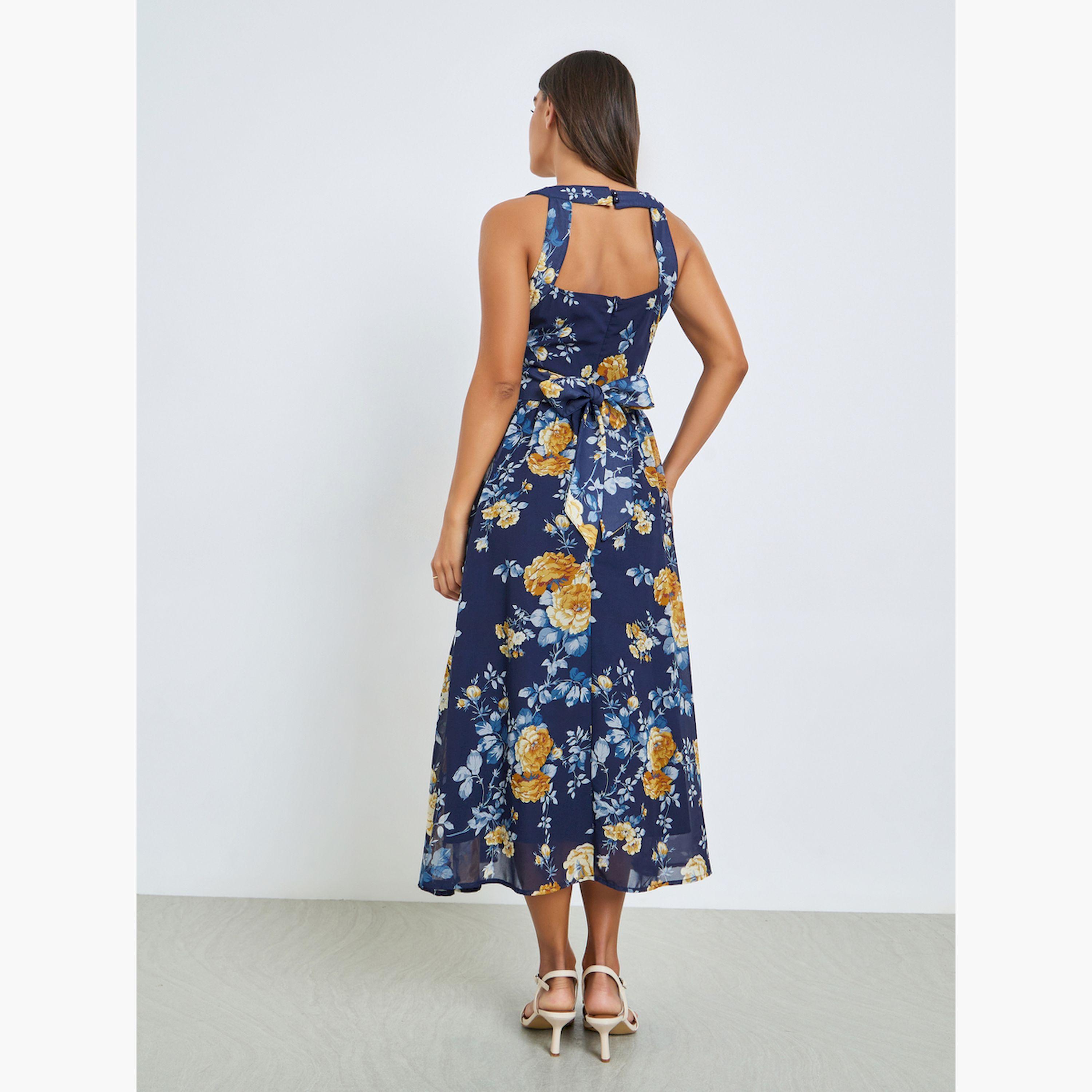 Styli Navy Blue Floral Sleeveless A-Line Midi Dress-women-clothing-dresses-image-5