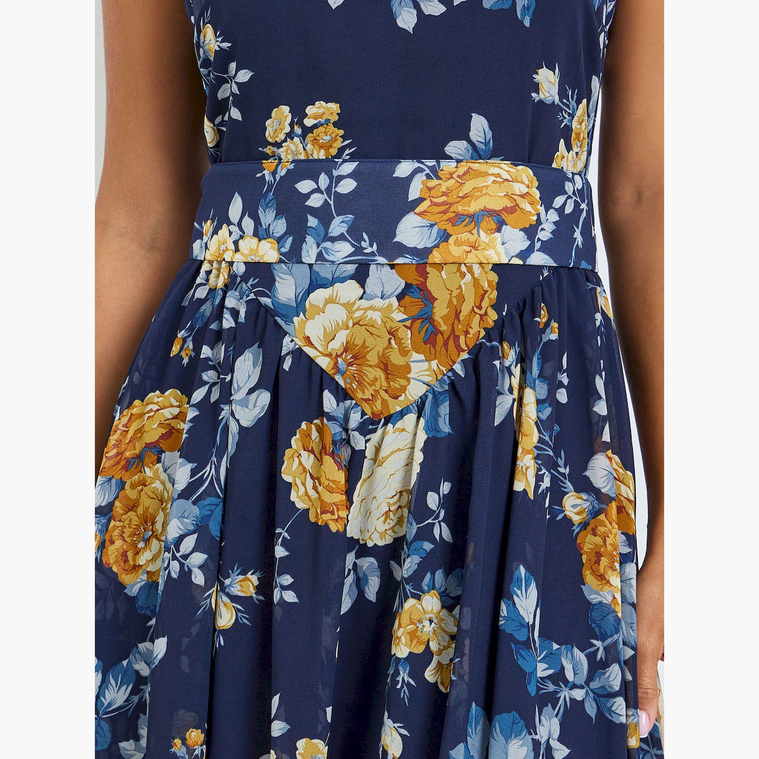 فستان ميدي بحافة واسعة بلا أكمام ونقشة زهور أزرق كحلي-women-clothing-dresses-image-6