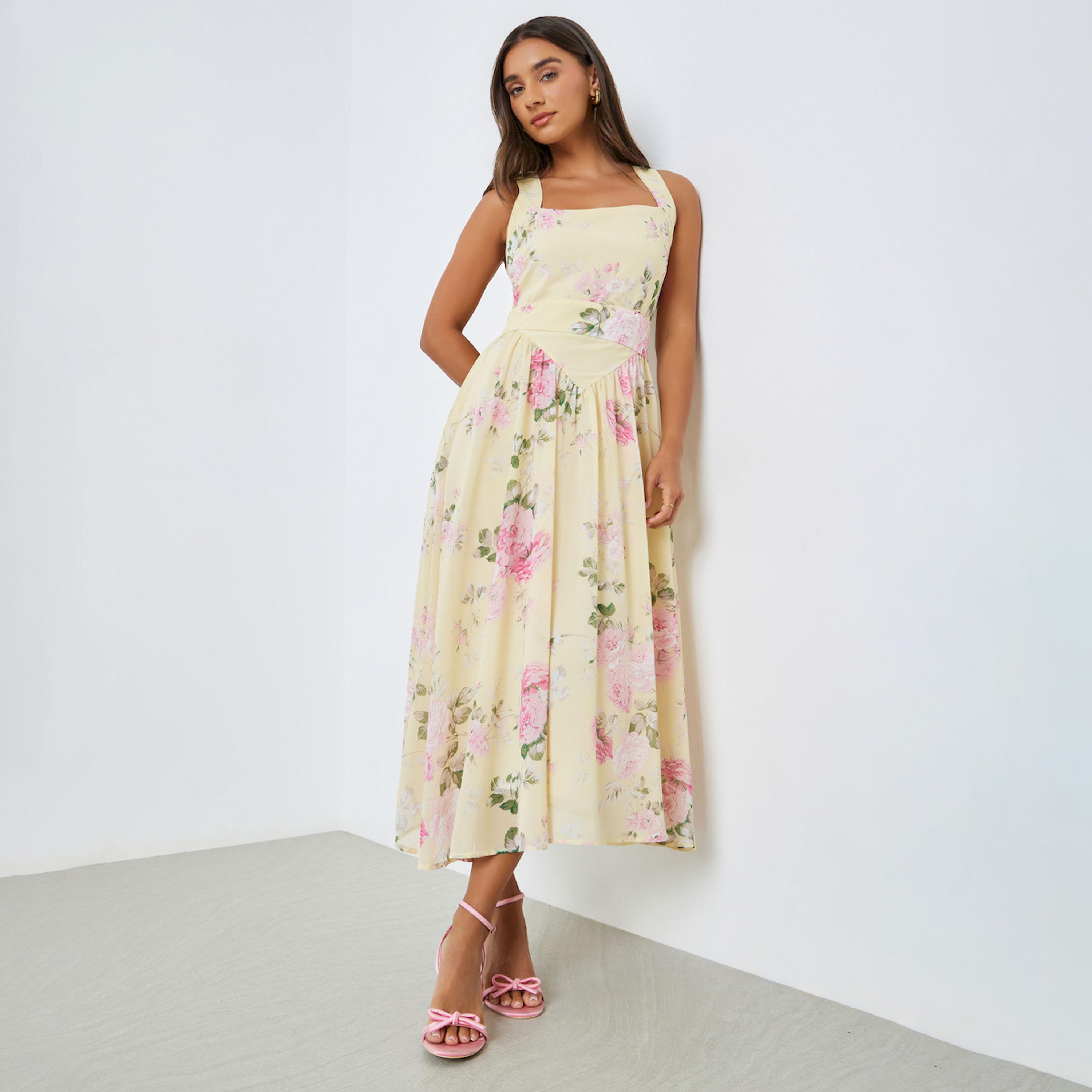 فستان ميدي بحافة واسعة بلا أكمام ونقشة زهور-women-clothing-dresses-image-1