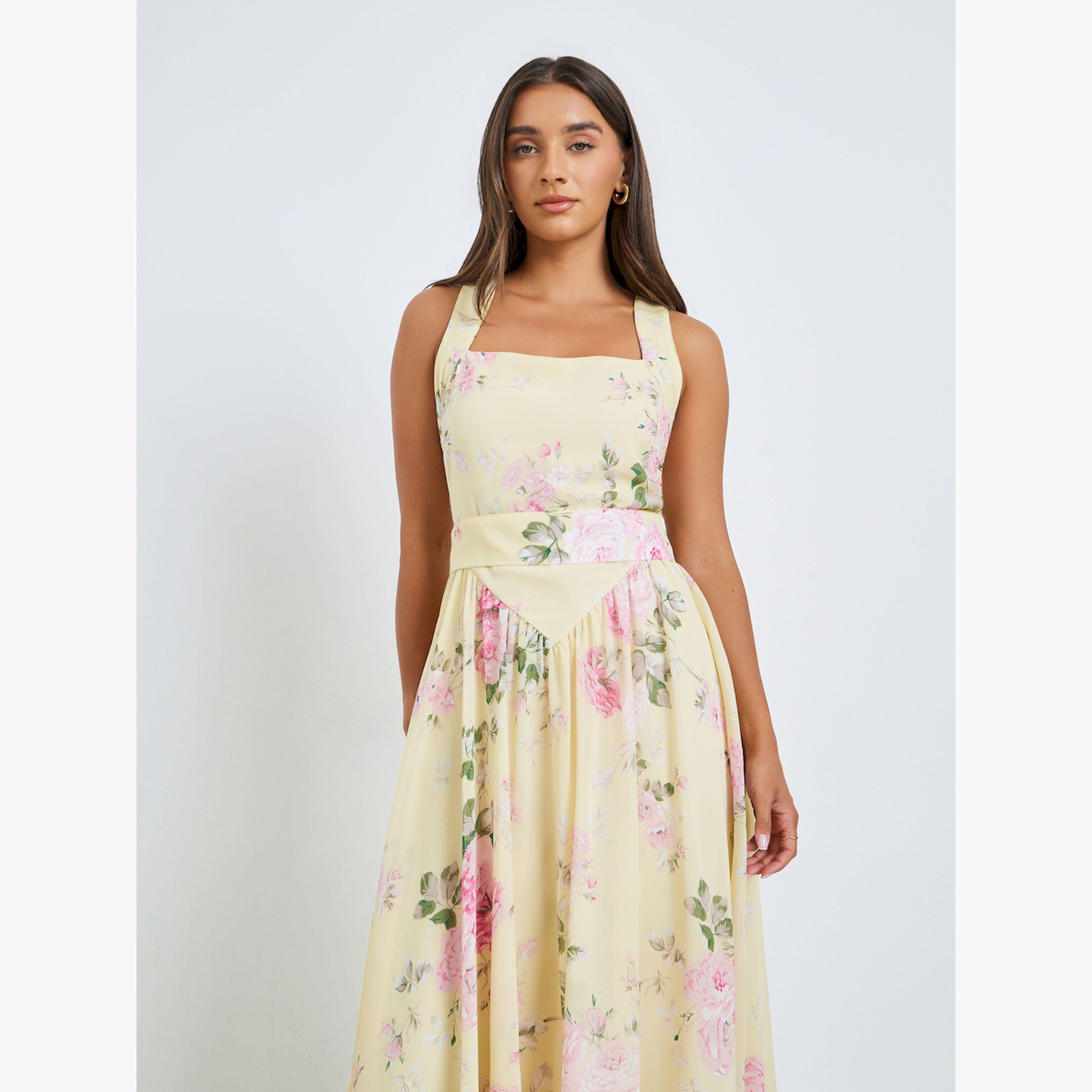 فستان ميدي بحافة واسعة بلا أكمام ونقشة زهور-women-clothing-dresses-image-2
