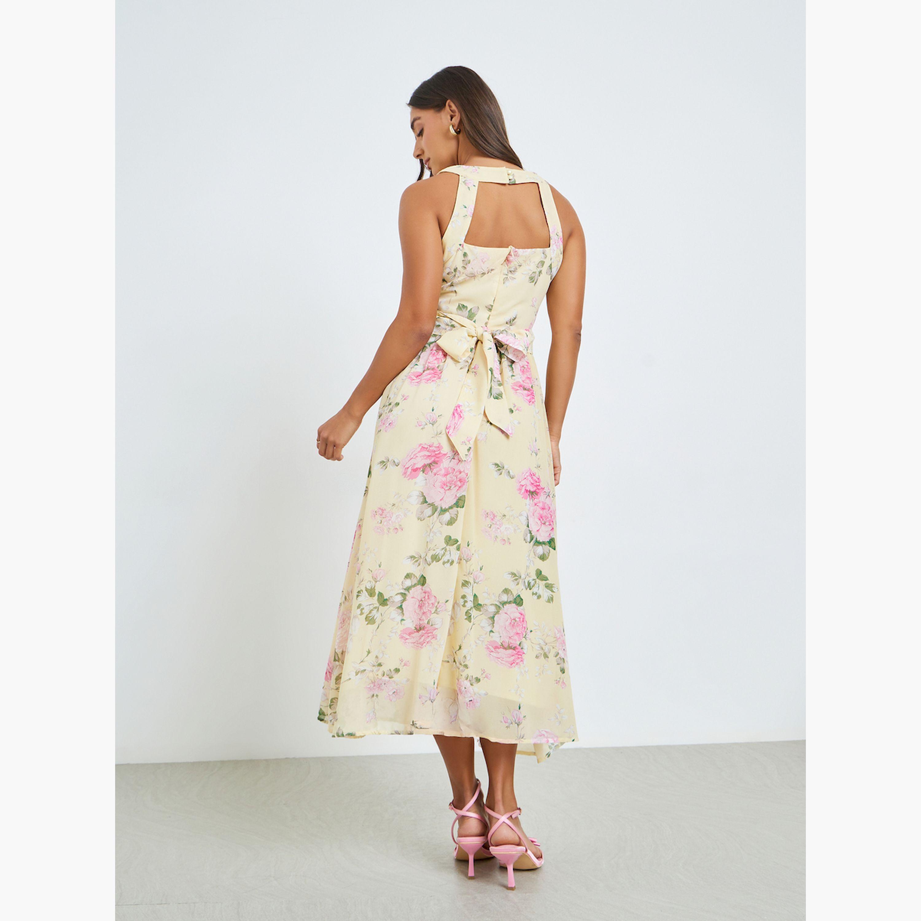 فستان ميدي بحافة واسعة بلا أكمام ونقشة زهور-women-clothing-dresses-image-3